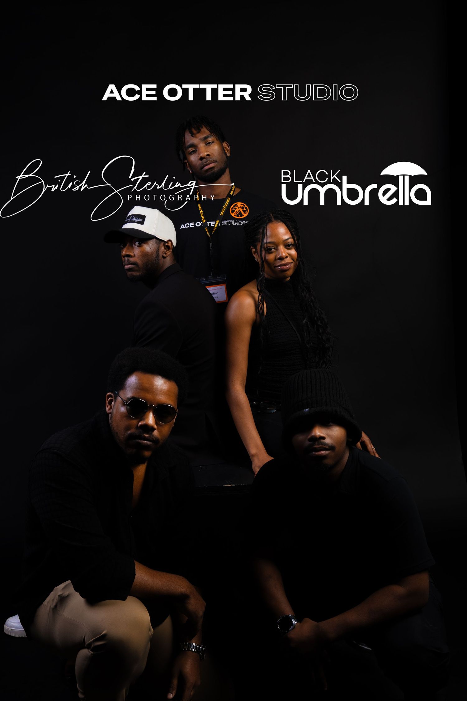 Five people pose dramatically in black outfits for Ace Otter Studio and Black Umbrella photography session.