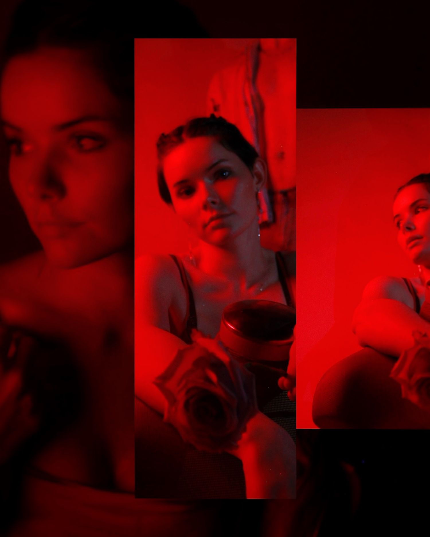 Artistic triptych of a woman posing with a rose under dramatic red lighting.