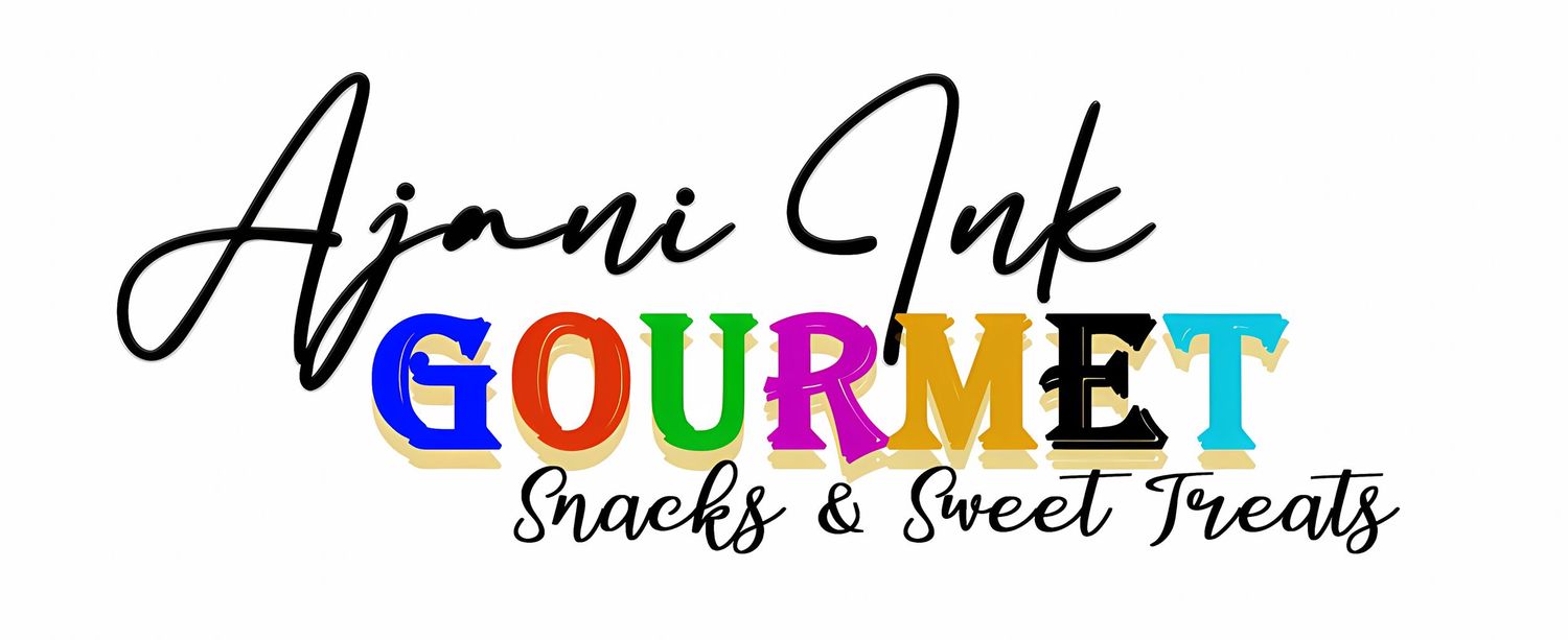 Colorful logo design for Ajani Ink Gourmet featuring stylized text and snacks and sweet treats tagline.