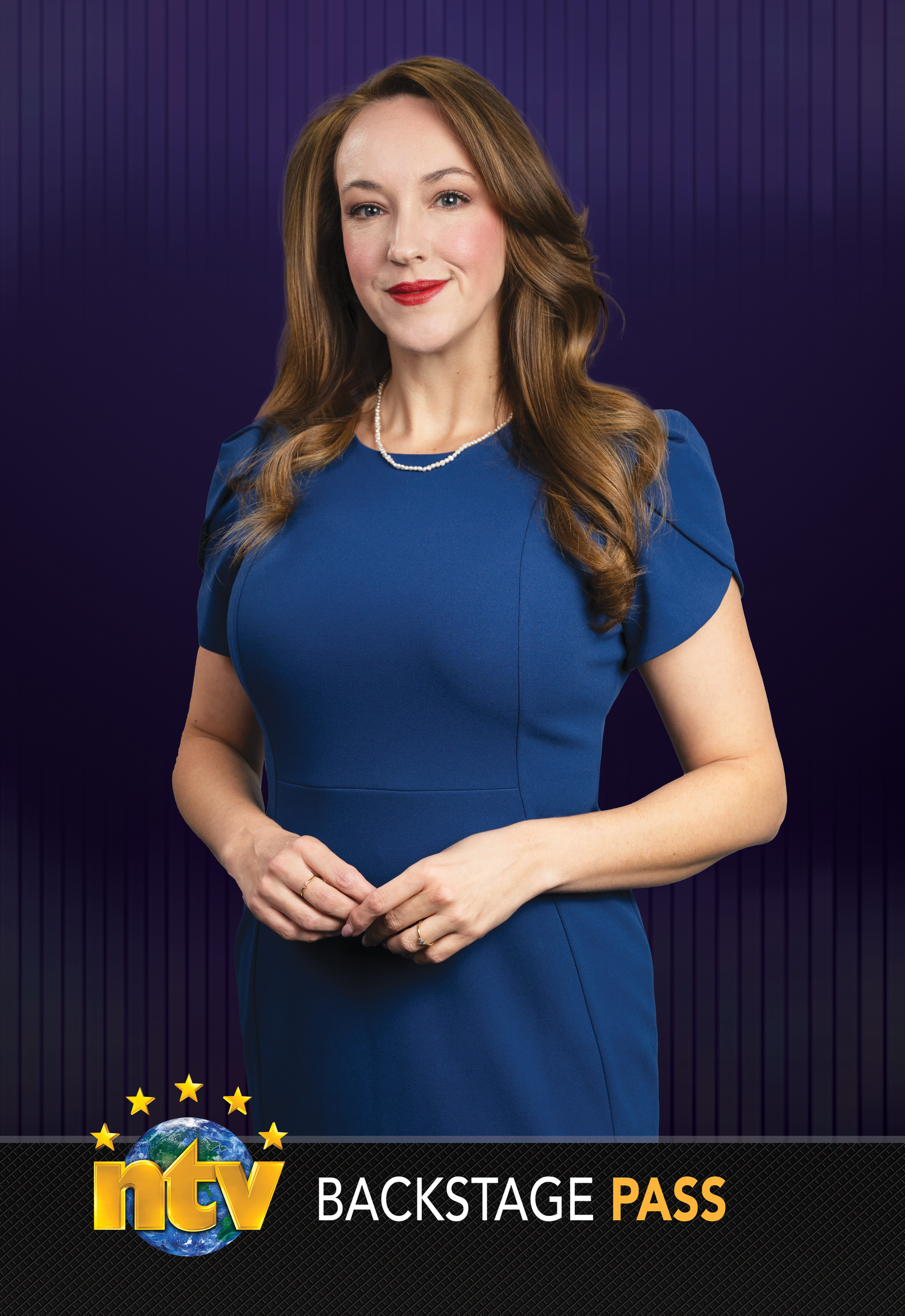 Woman in blue dress poses for NTV Backstage Pass promotional card with purple background.