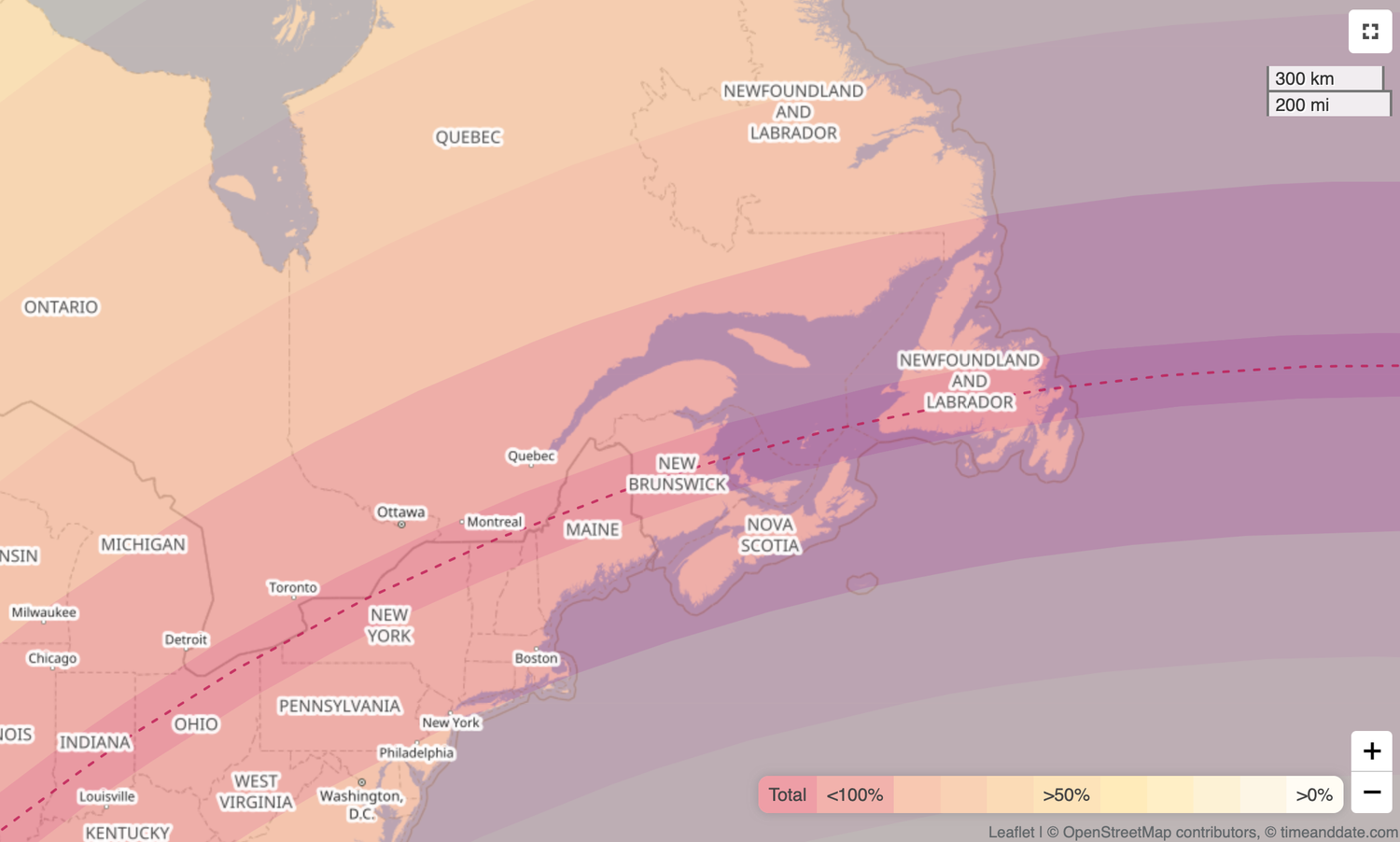 Map showing the path of totality for a solar eclipse across North America.