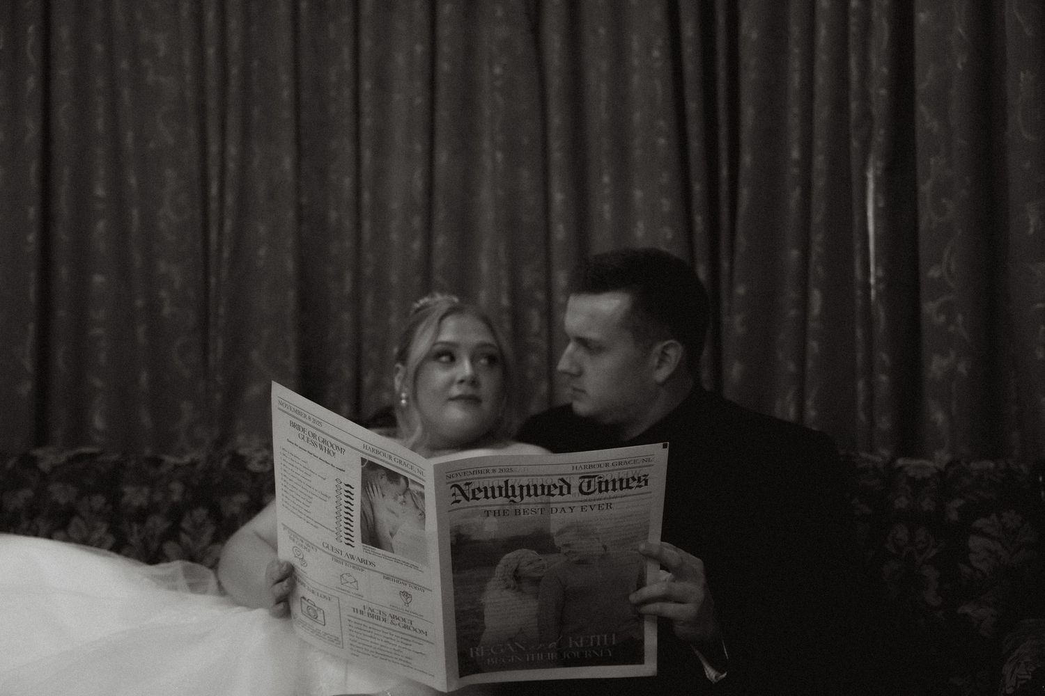 A series of black and white photographs show someone reading a newspaper in different poses and expressions.