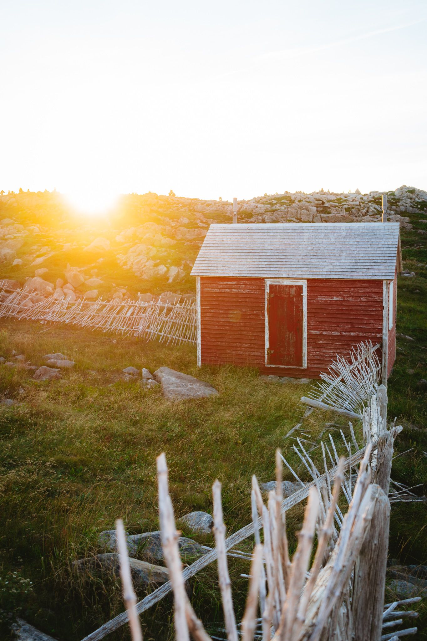 A red wooden shed in a field at sunset with sunlight streaming through tall grass.
