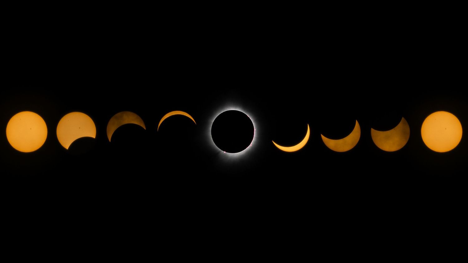 Time-lapse composite showing phases of a solar eclipse from partial to total and back.