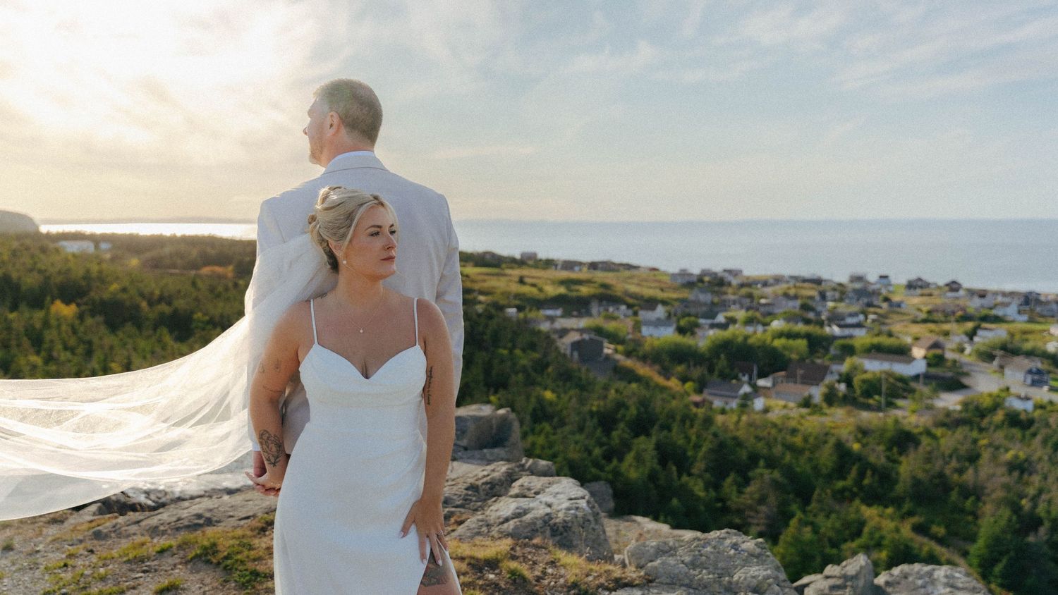A collection of scenic coastal wedding photos showing a bride and groom against ocean backdrops and rocky cliffs.