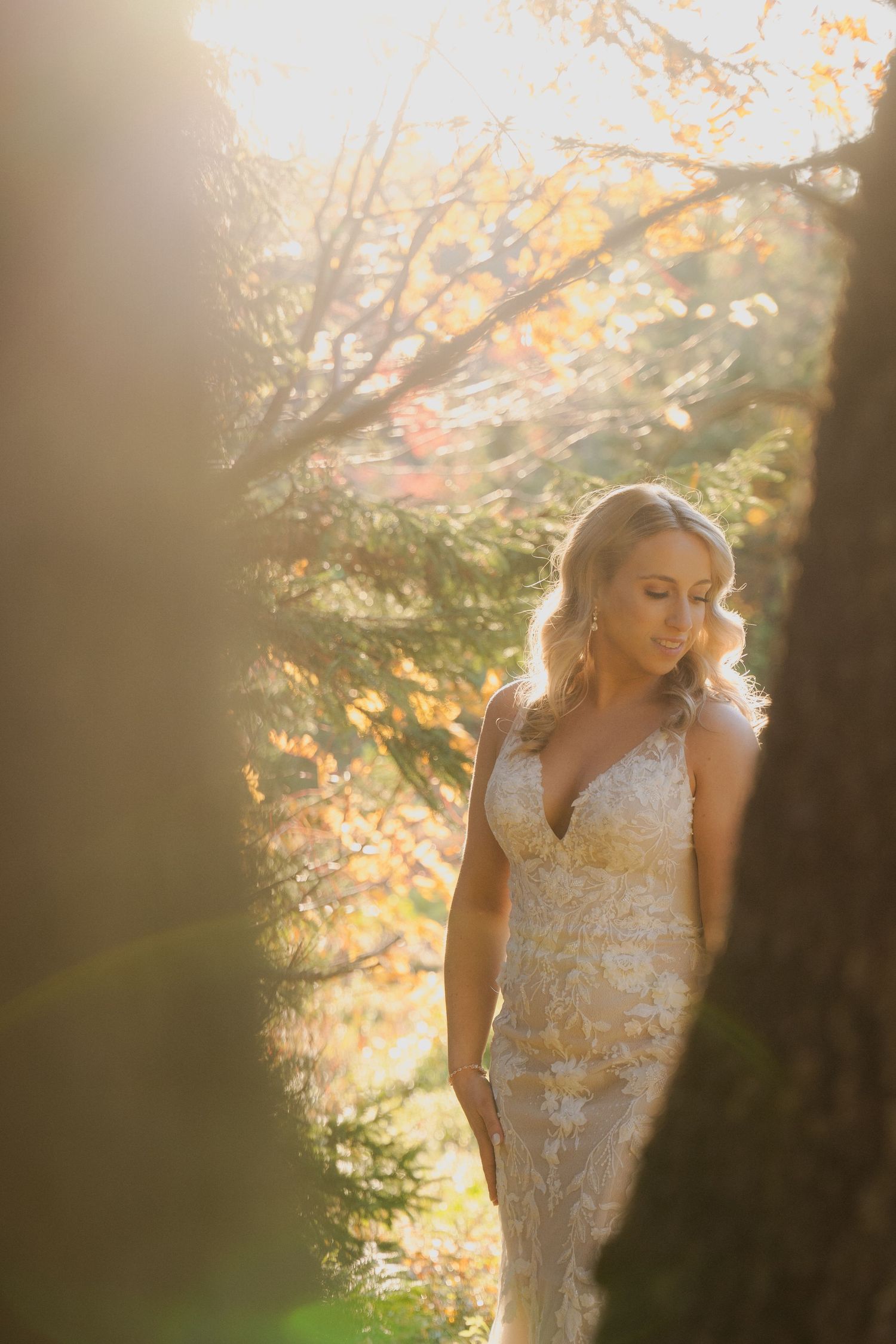 A bride in a lace wedding dress poses in golden sunset light among autumn trees.