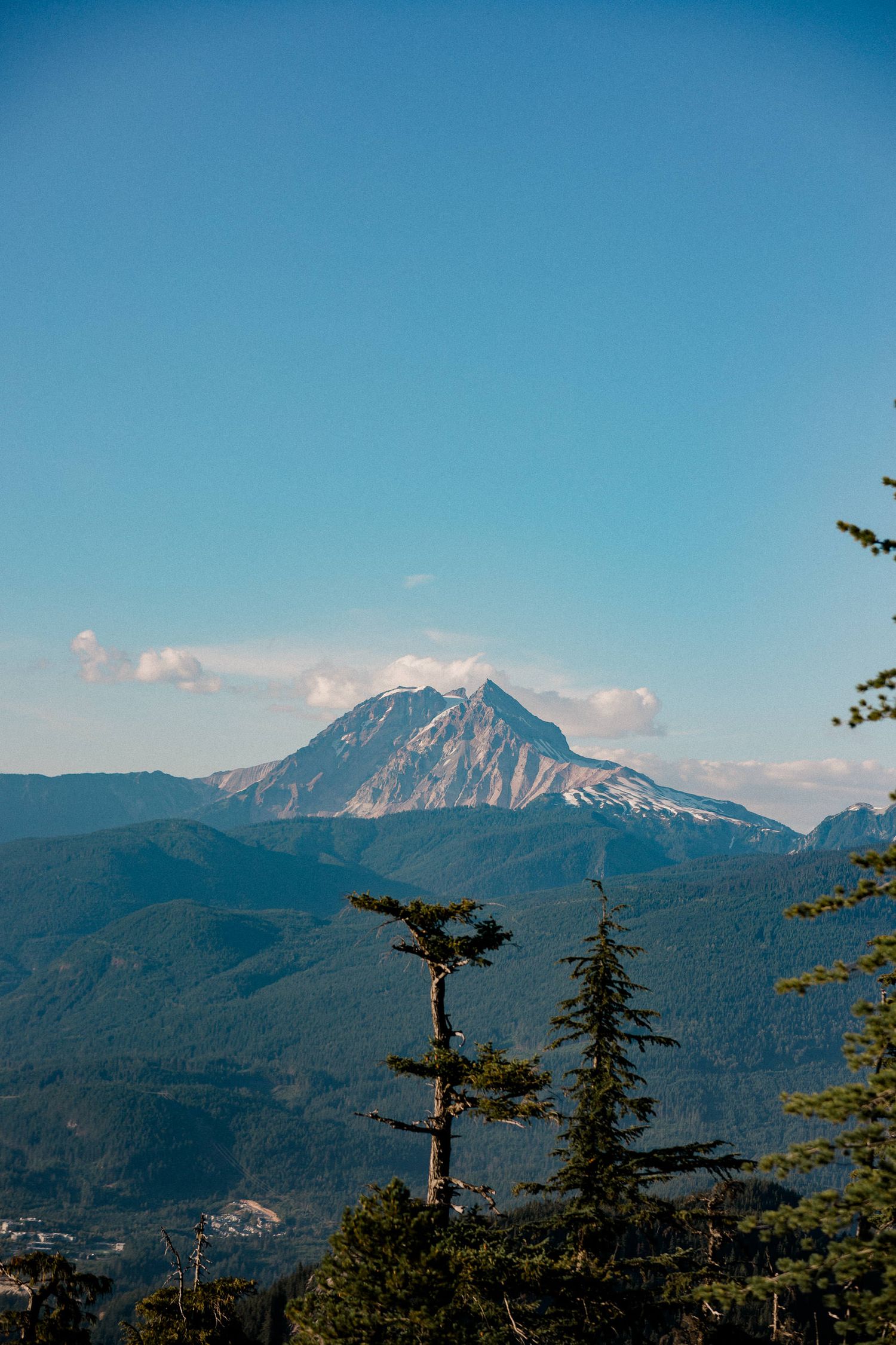 Snow-capped mountain peak rises majestically above forested hills against a clear blue sky in the Pacific Northwest.