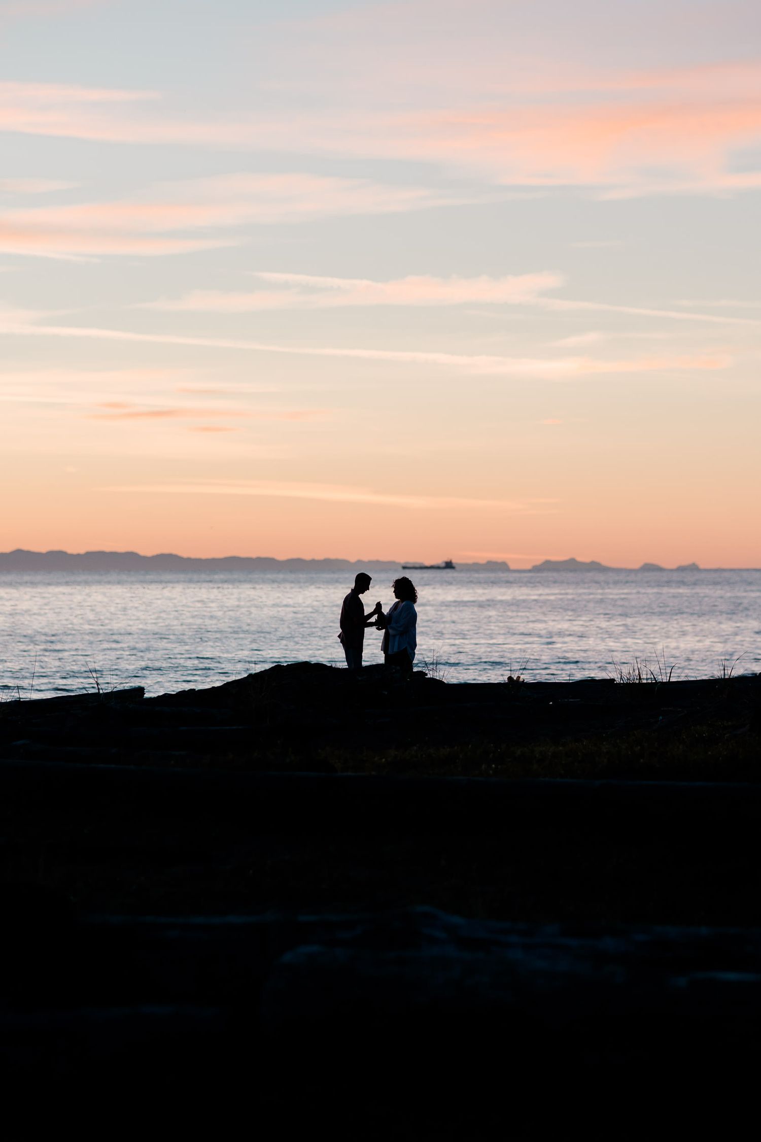 Silhouettes of figures sit on a coastal cliff against a pastel pink and orange sunset sky over the ocean.