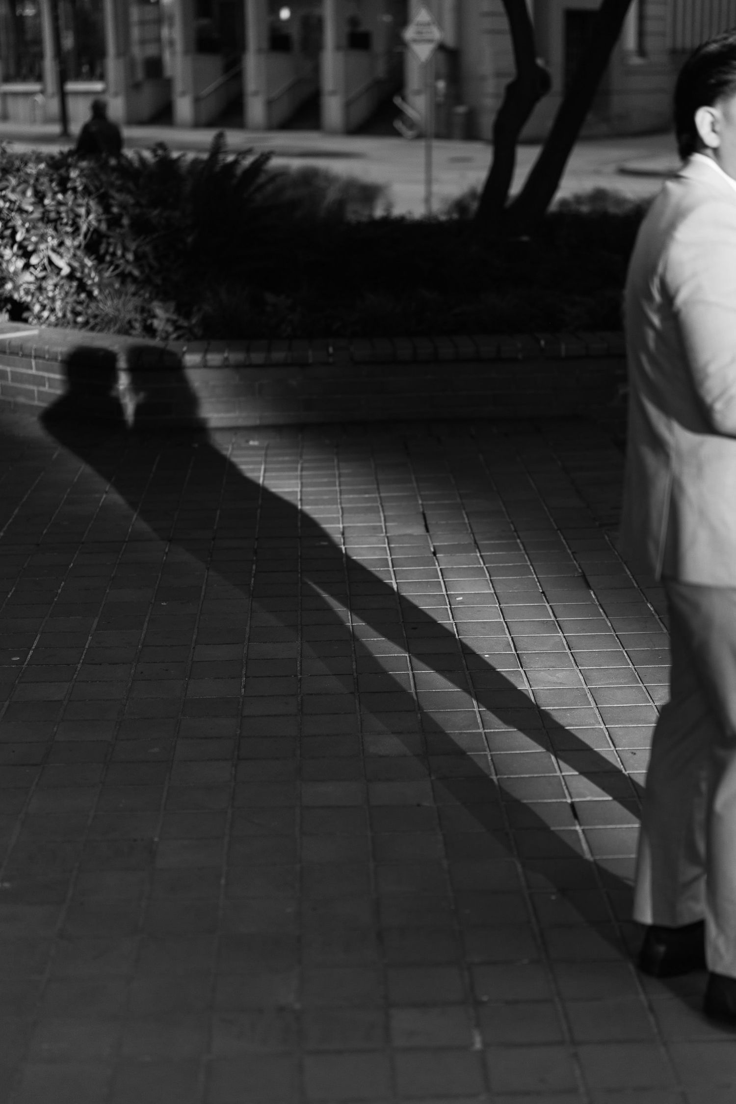 Black and white photo of long shadows cast across a brick pavement by a couple, with a man in a suit at the edge.