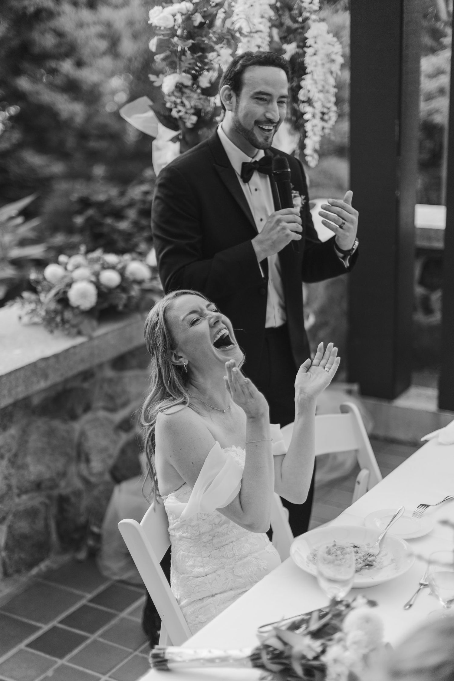 A sequence of candid moments during a wedding reception showing joyful laughter and celebration.