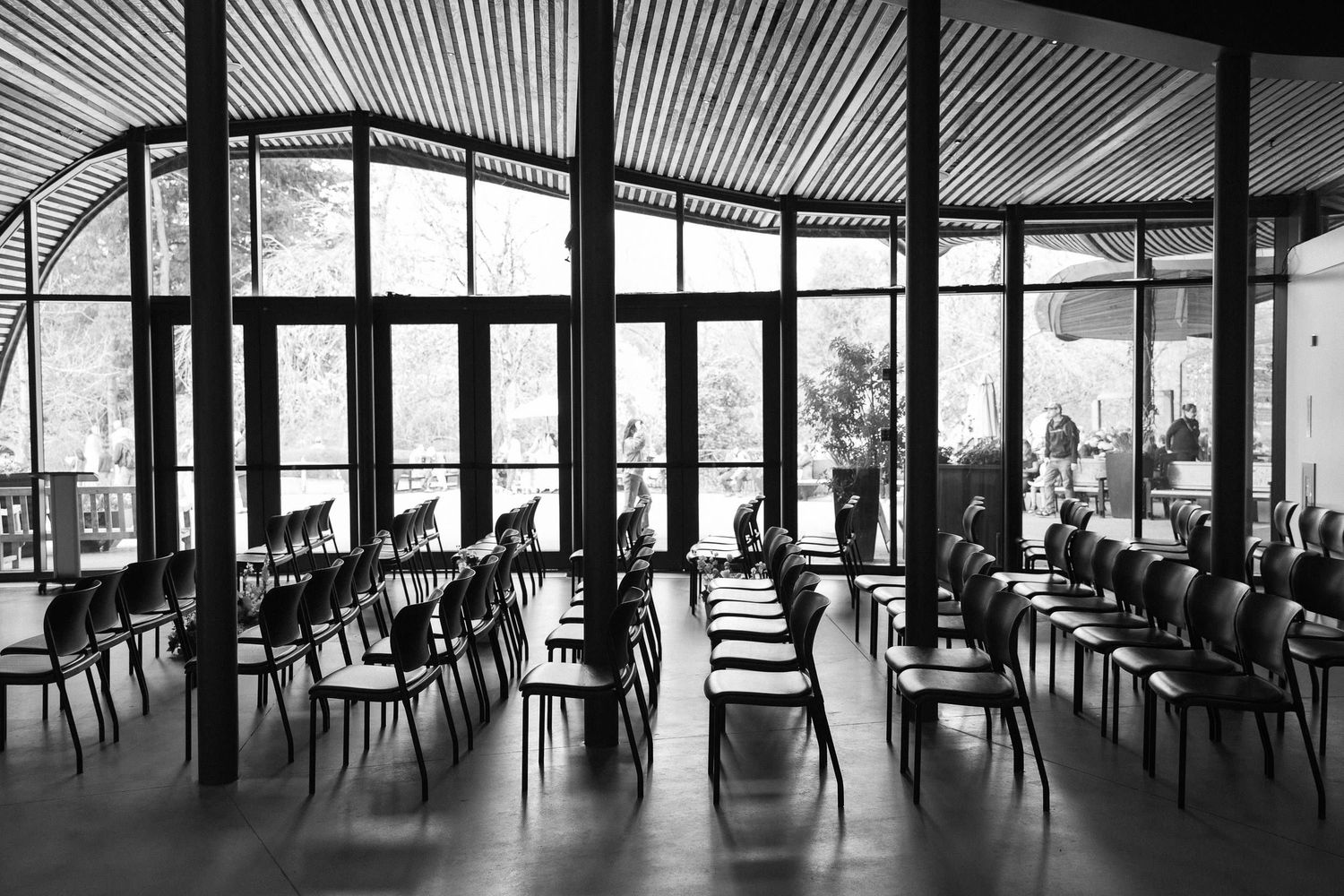 Empty modern cafeteria interior with rows of chairs and large windows in black and white photography.