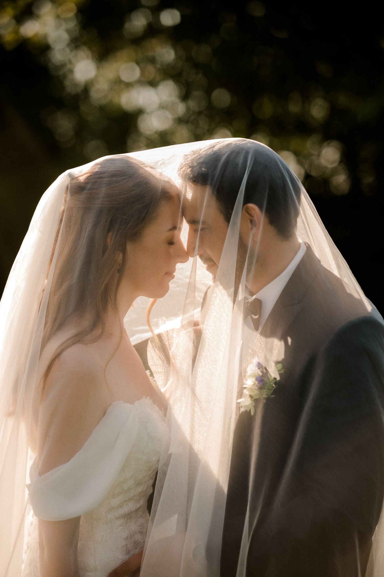 Romantic silhouette of a couple through sheer wedding veil with golden bokeh background.