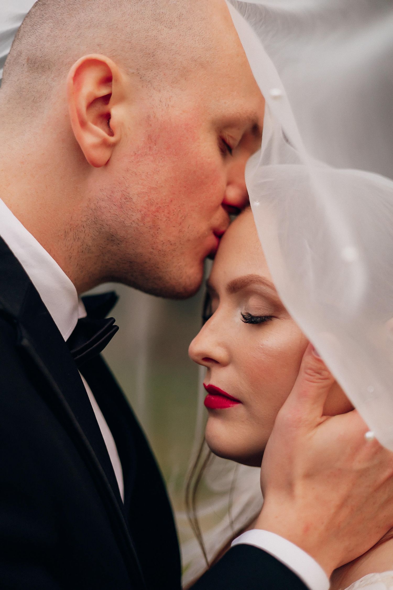 A series of intimate close-up wedding photos showing tender moments between a bride and groom.