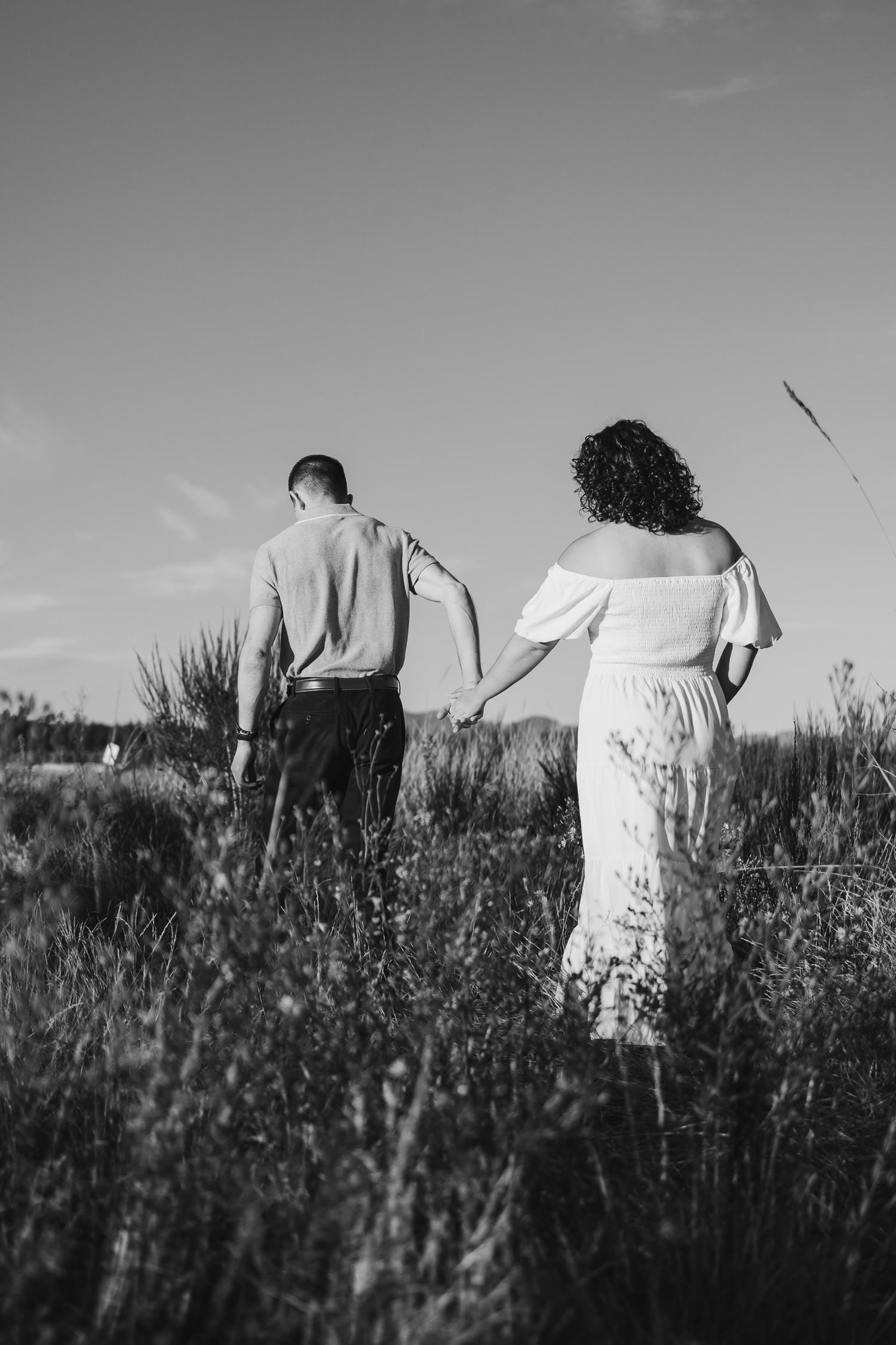 Artistic black and white silhouettes of a couple sitting together in tall grass against a bright sky.