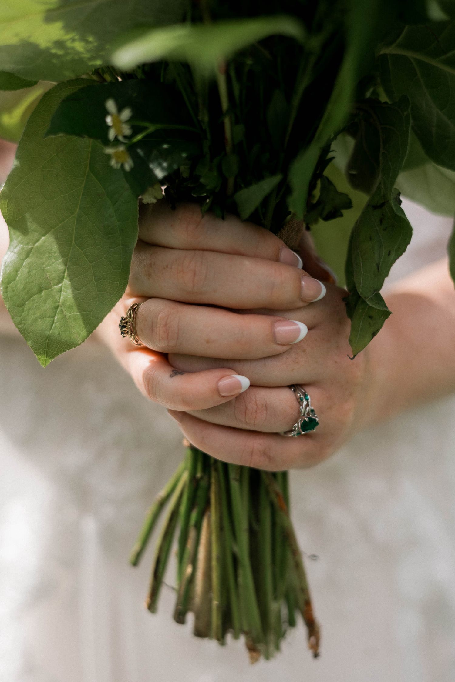 A close-up view of hands holding a bouquet of green foliage with a ring visible on the finger.