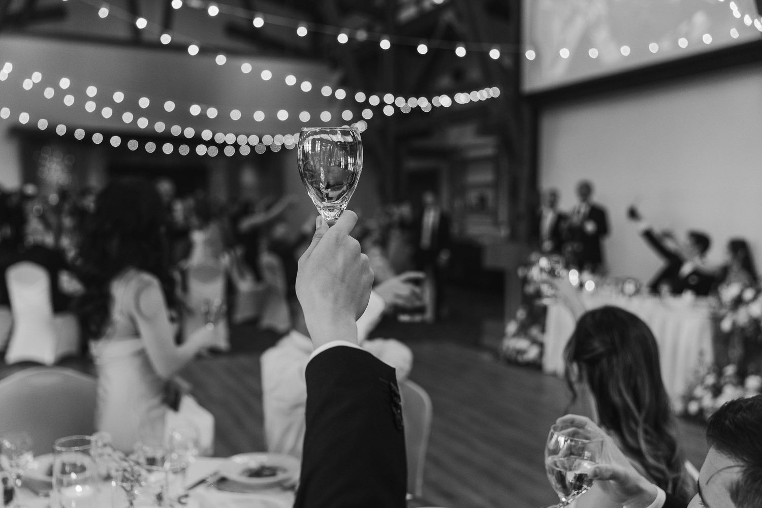 Black and white photo of a wedding toast, with a hand raising a wine glass at an elegant reception venue.