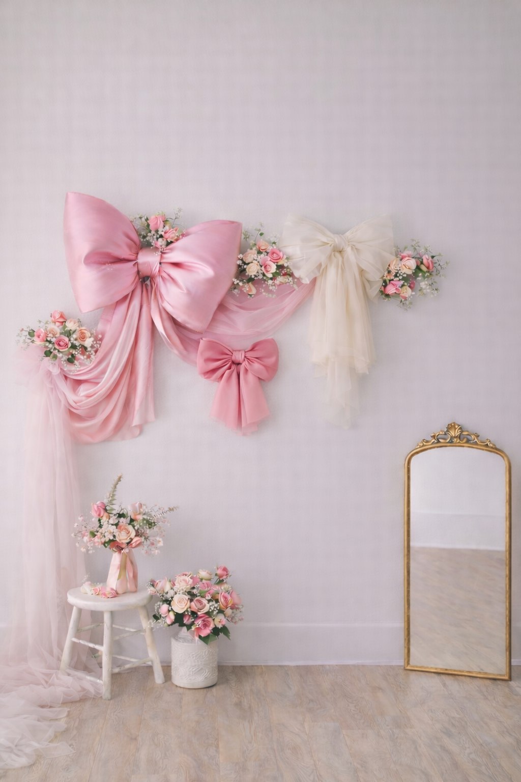 Pink bows and floral decorations adorn a light gray wall with gold-framed mirrors in a romantic photography setup.