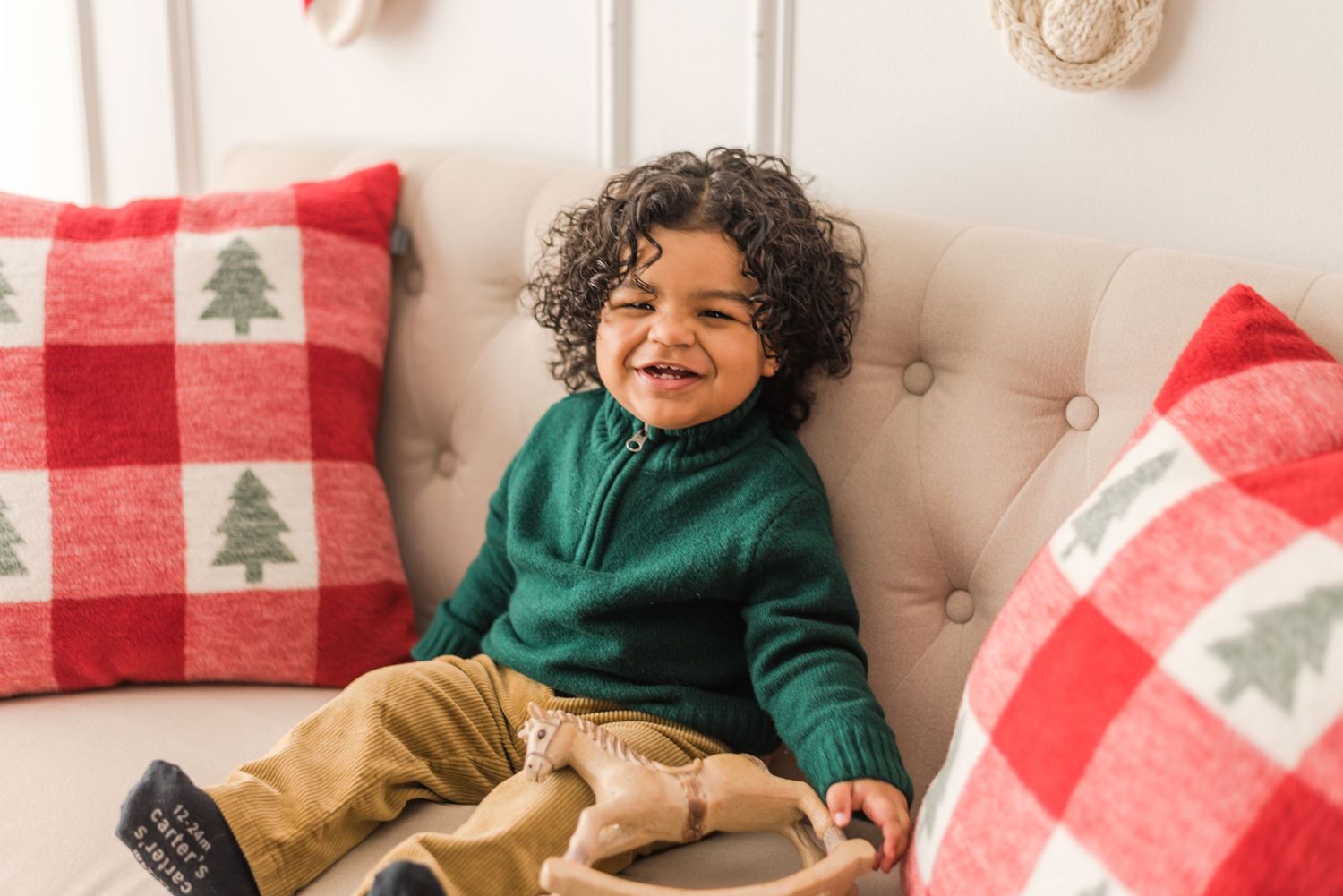 A compilation of holiday photos shows festive Christmas decorations, gifts, and smiling people wearing cozy clothing.
