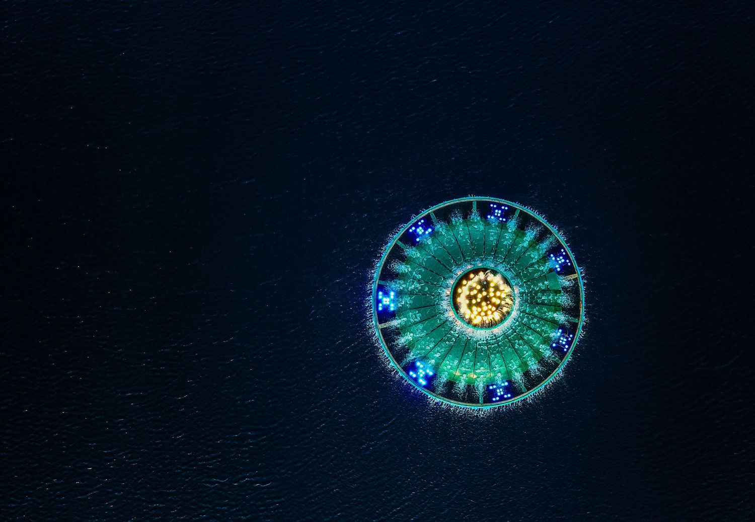 Glowing blue and green circular patterns create abstract eye shapes in dark background.