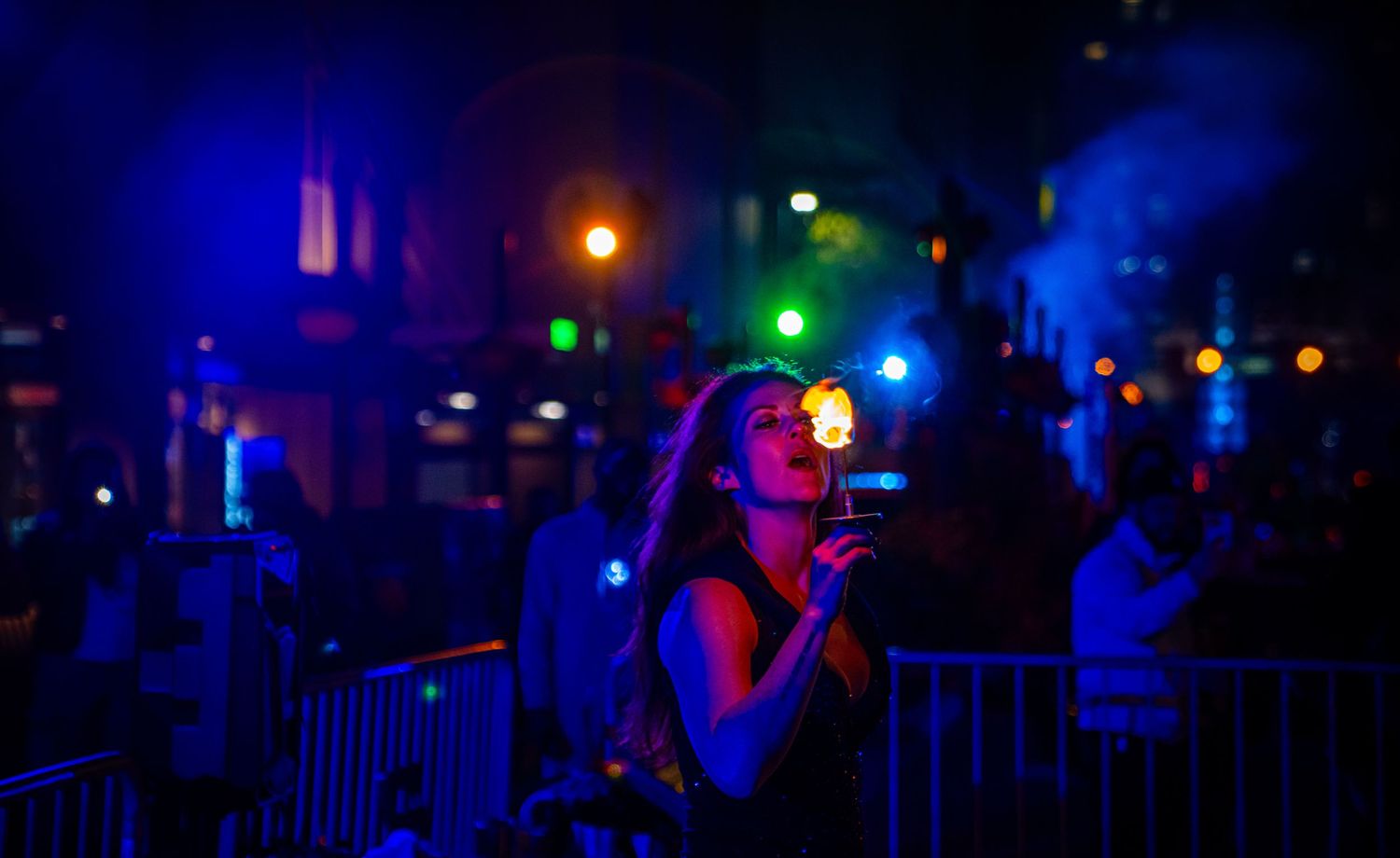 Nightclub interior with colorful lights and glowing decorations creating an atmospheric ambiance.