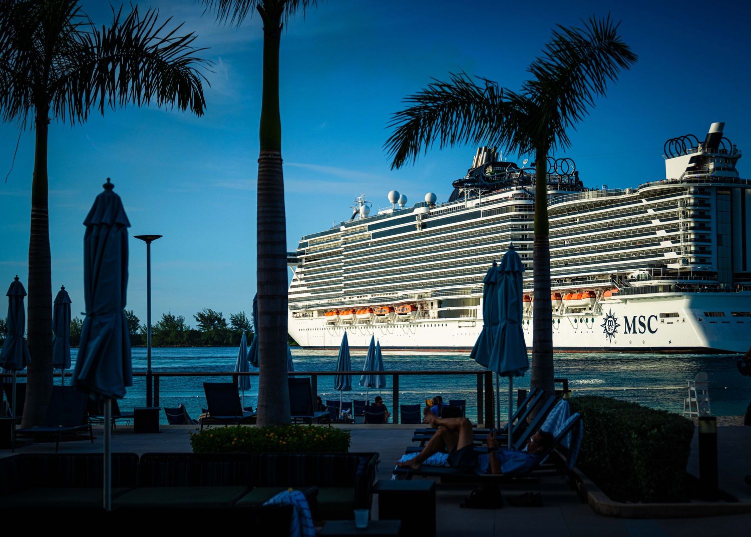MSC cruise ship docked at tropical port with palm trees and lounge chairs in the foreground at dusk.