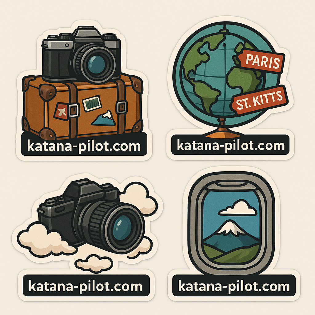 Collection of travel-themed stickers with cameras, globes, and airplane windows in retro style.