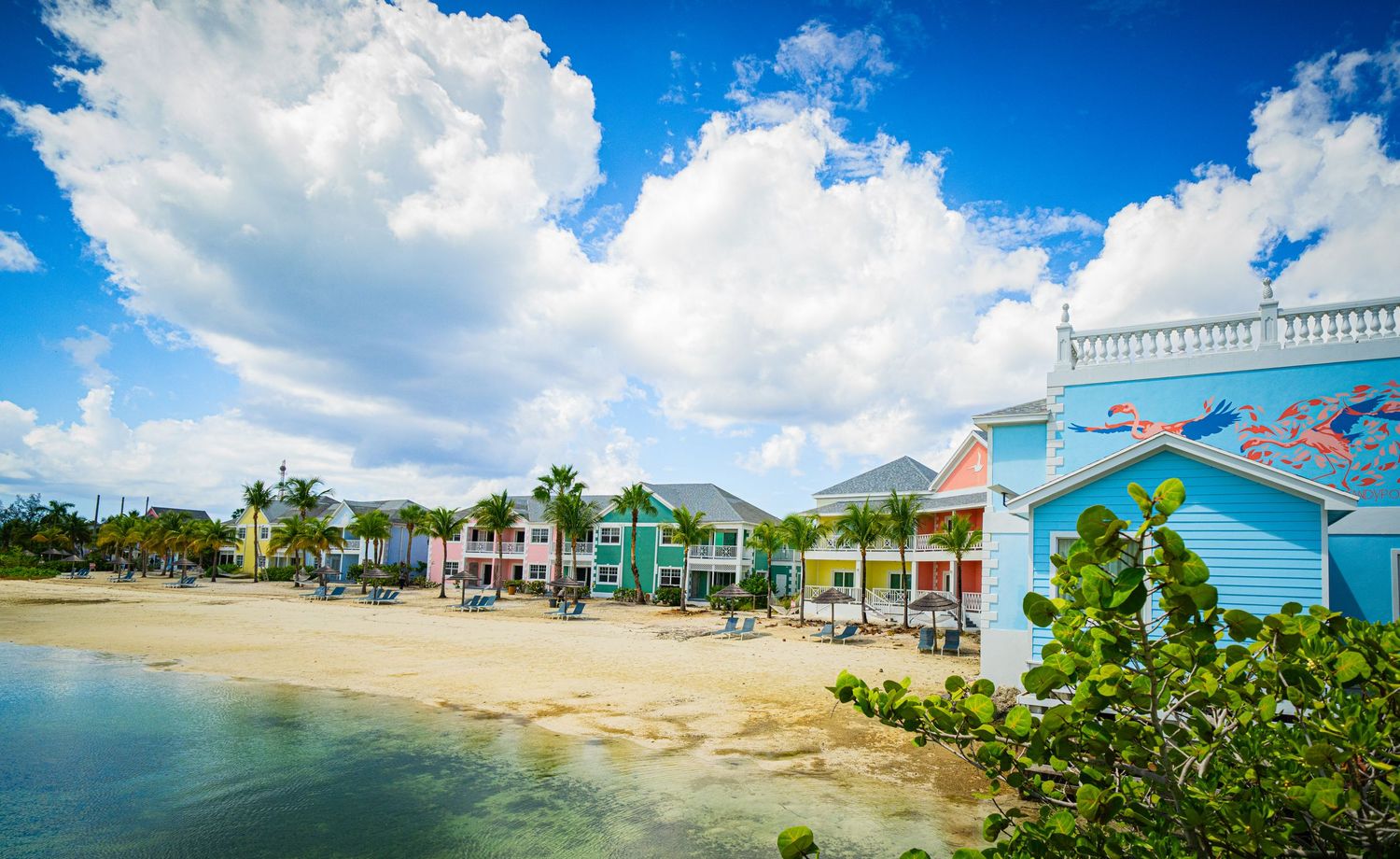 Colorful Caribbean beachfront buildings with palm trees under a blue sky with white clouds.
