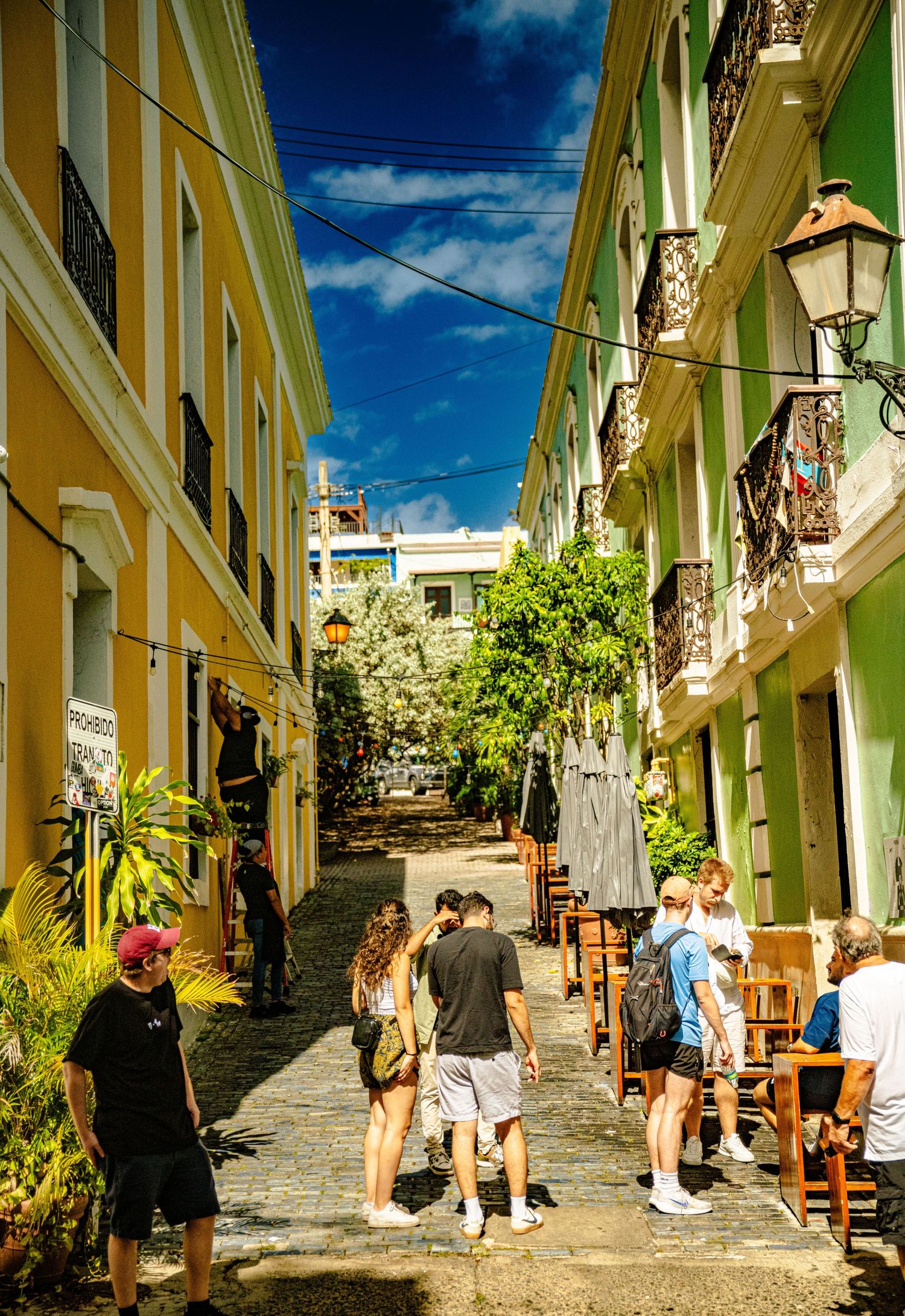 Panoramic view of a colorful cobblestone street with yellow buildings and palm trees in Old San Juan, Puerto Rico.