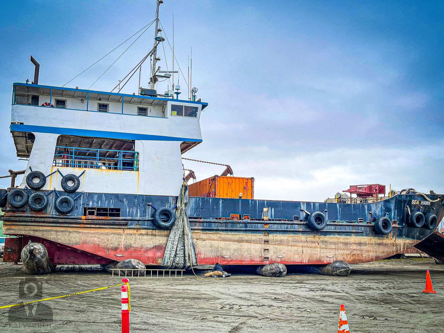 Large cargo vessels and boats docked at a coastal port facility.