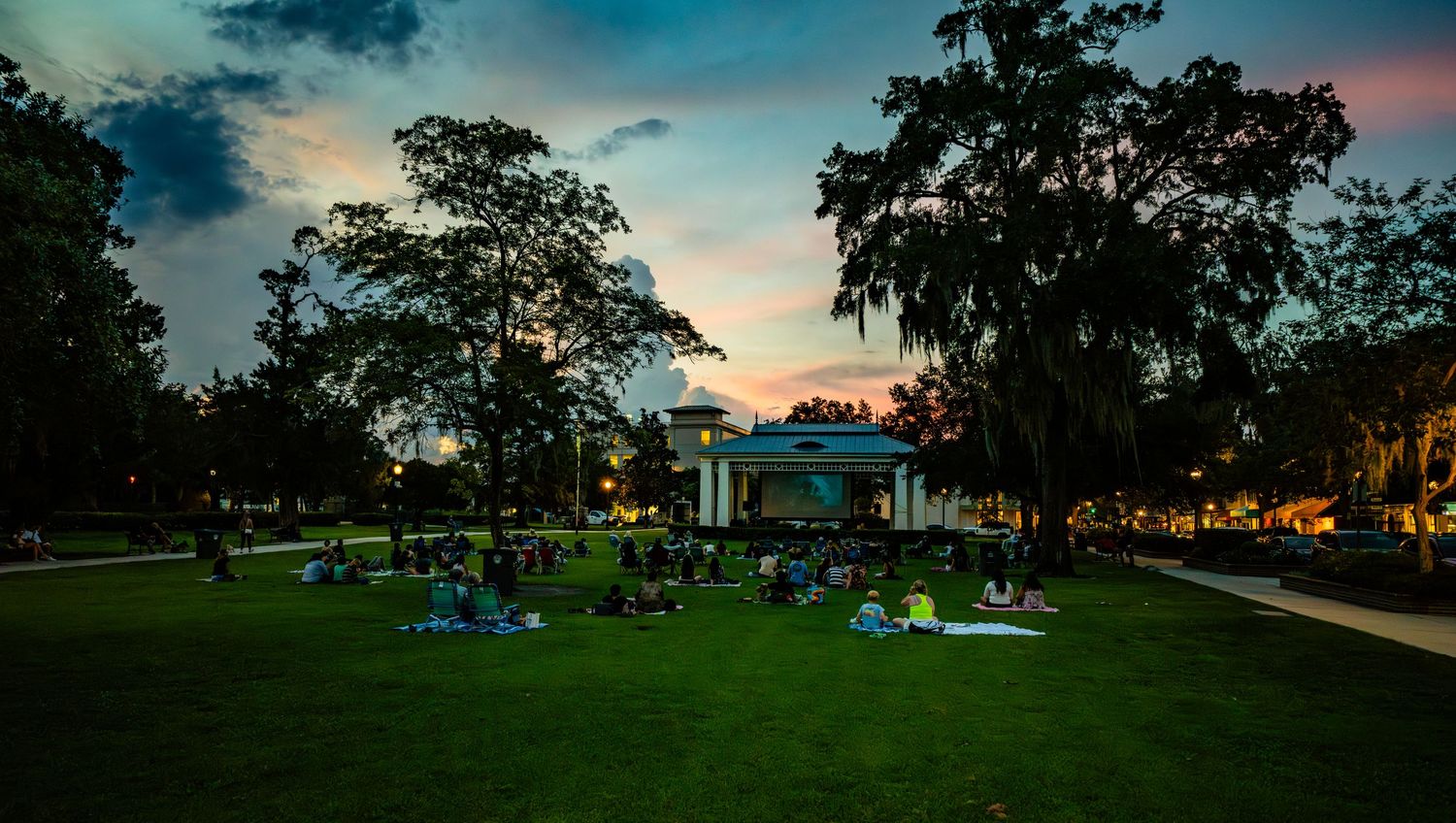Panoramic sunset view of park with trees silhouetted against colorful evening sky.