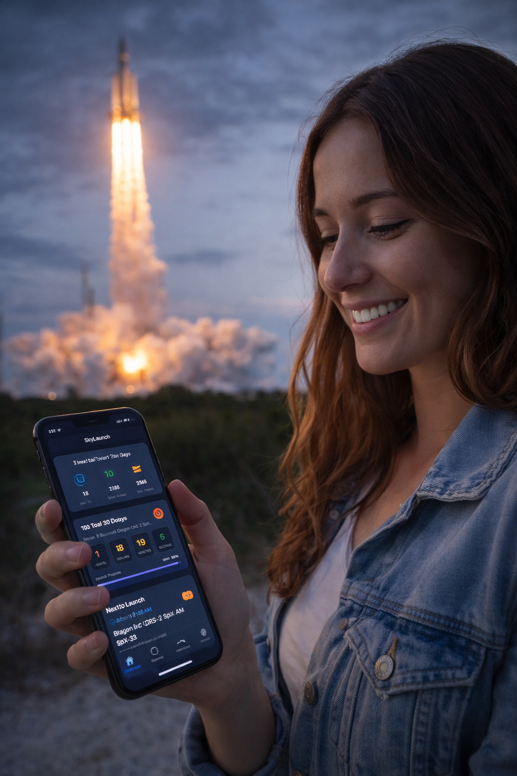 A woman smiles while using a mobile app interface with a dark sky and rocket launch in the background.