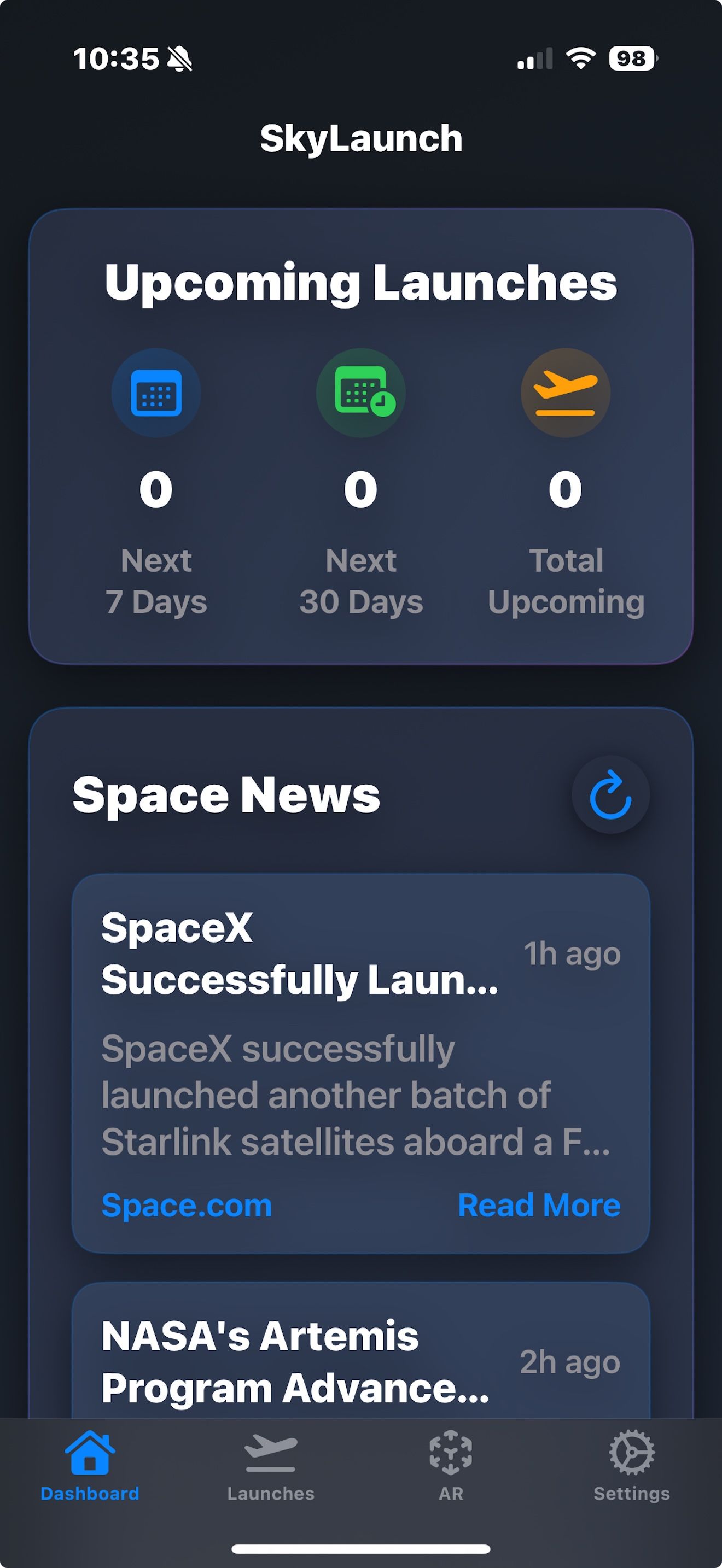 Mobile app dashboard showing space launch statistics and news updates with a dark theme interface.
