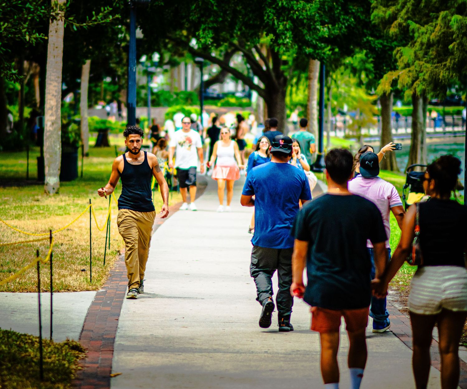 People walking on a sunny park pathway lined with trees in an urban setting.