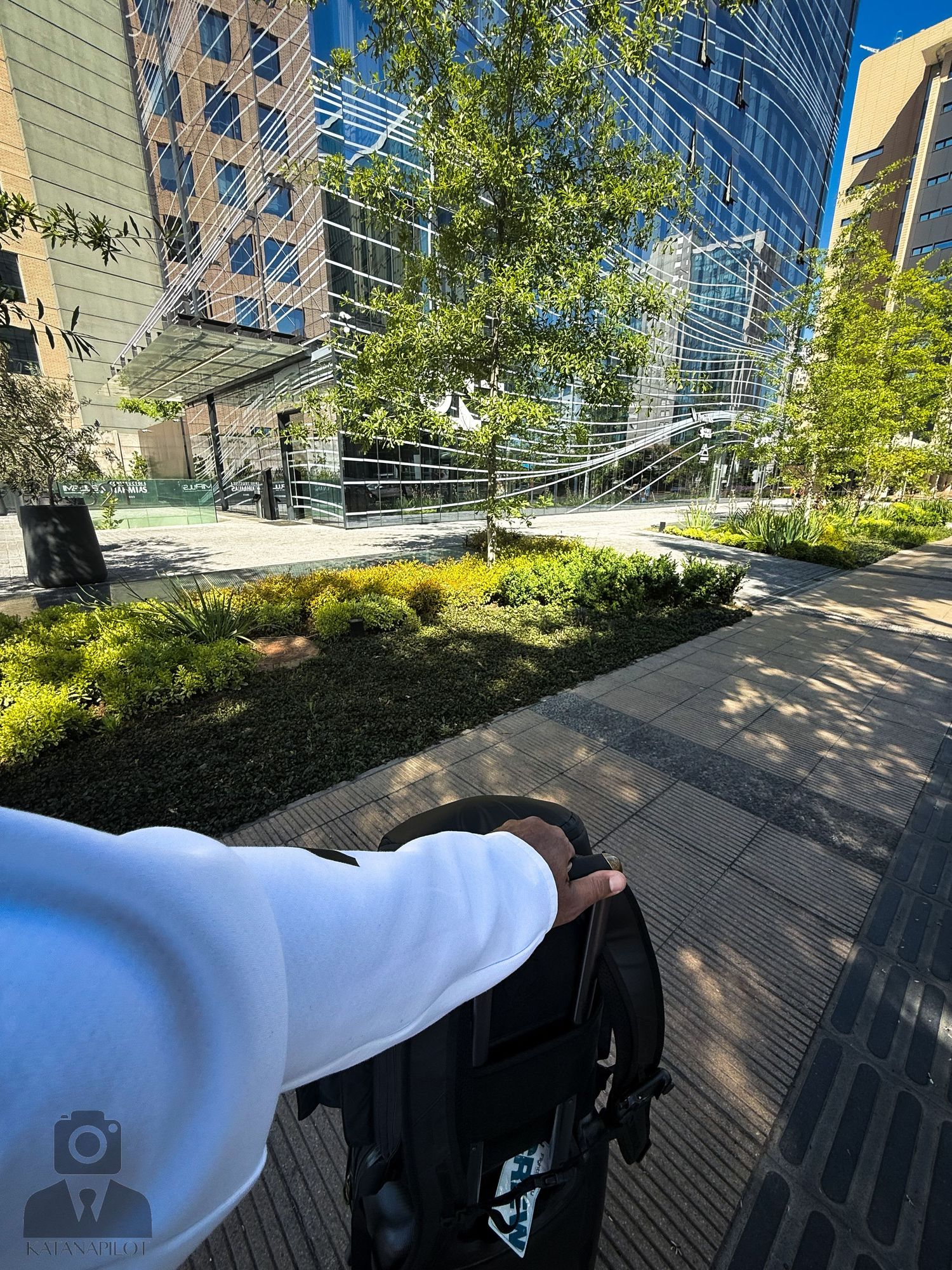 Modern glass office building exterior with trees and blue sky.