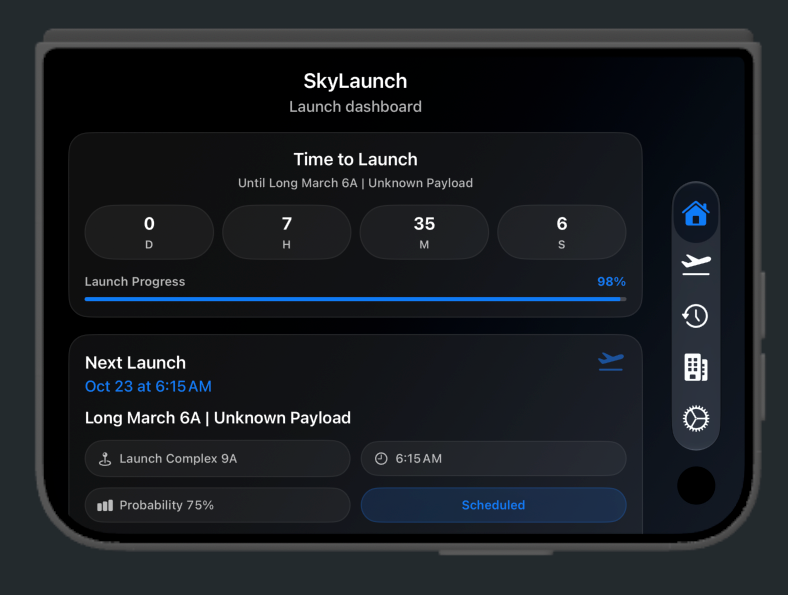 SkyLaunch dashboard app showing a countdown to the Long March 6A launch with 98% progress, plus next launch details at Complex 9A.