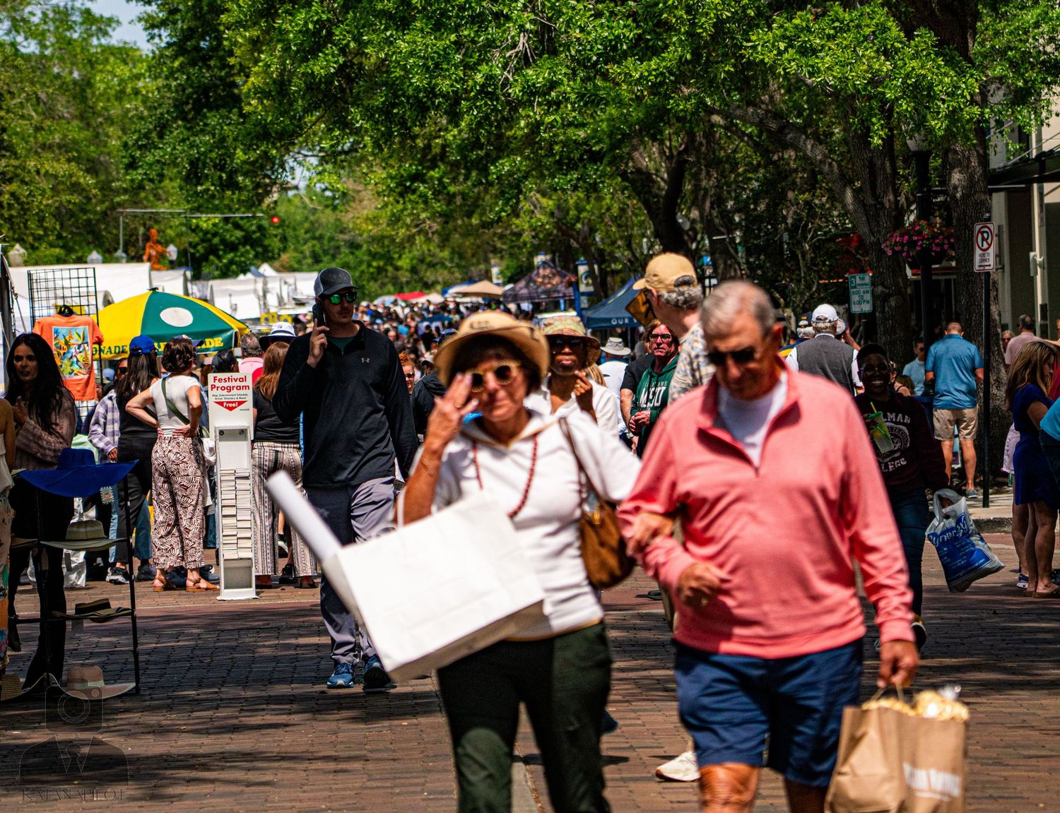 Busy street festival scene with shoppers walking between vendor booths on a sunny day.
