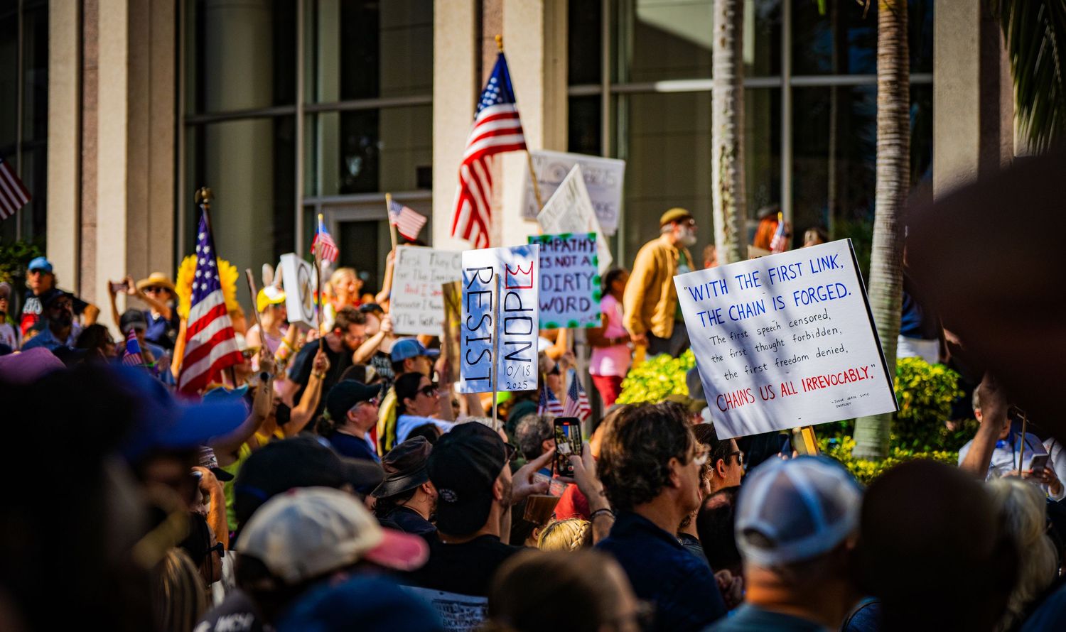 Crowd of protesters wave American flags and hold signs during a daytime rally.