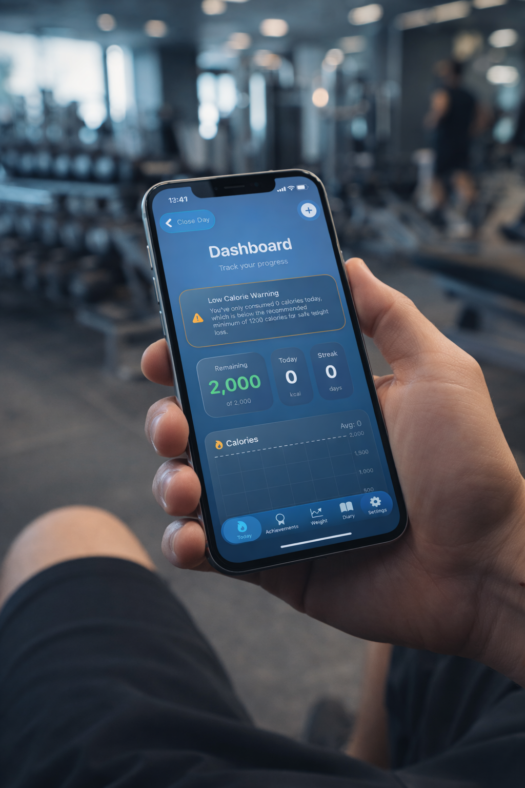 Hand holding smartphone displaying dark mode fitness app dashboard interface with blue UI elements in gym setting.