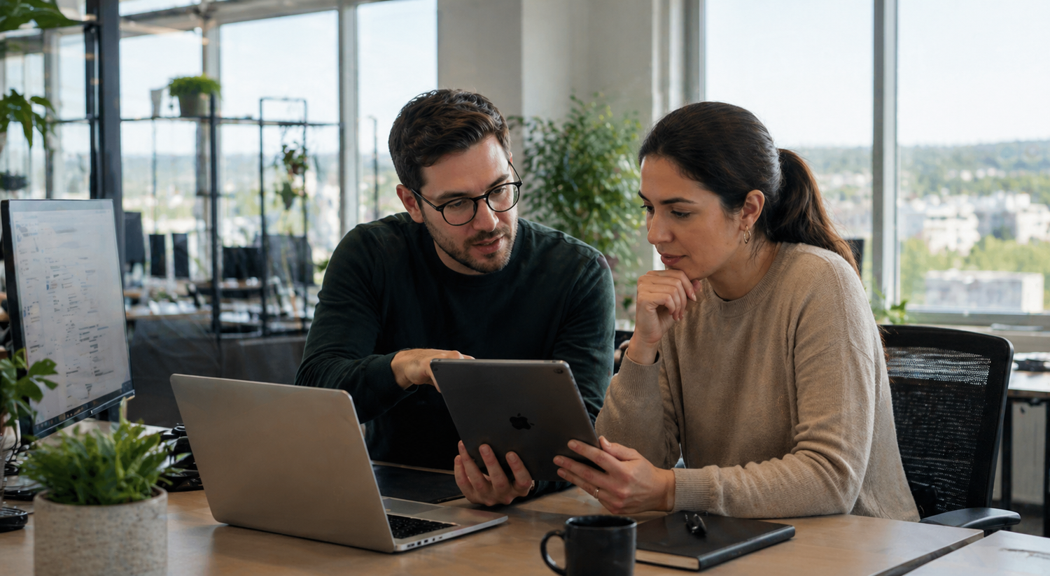 Two colleagues collaborating in a modern office, reviewing content on a tablet and laptop near large windows.