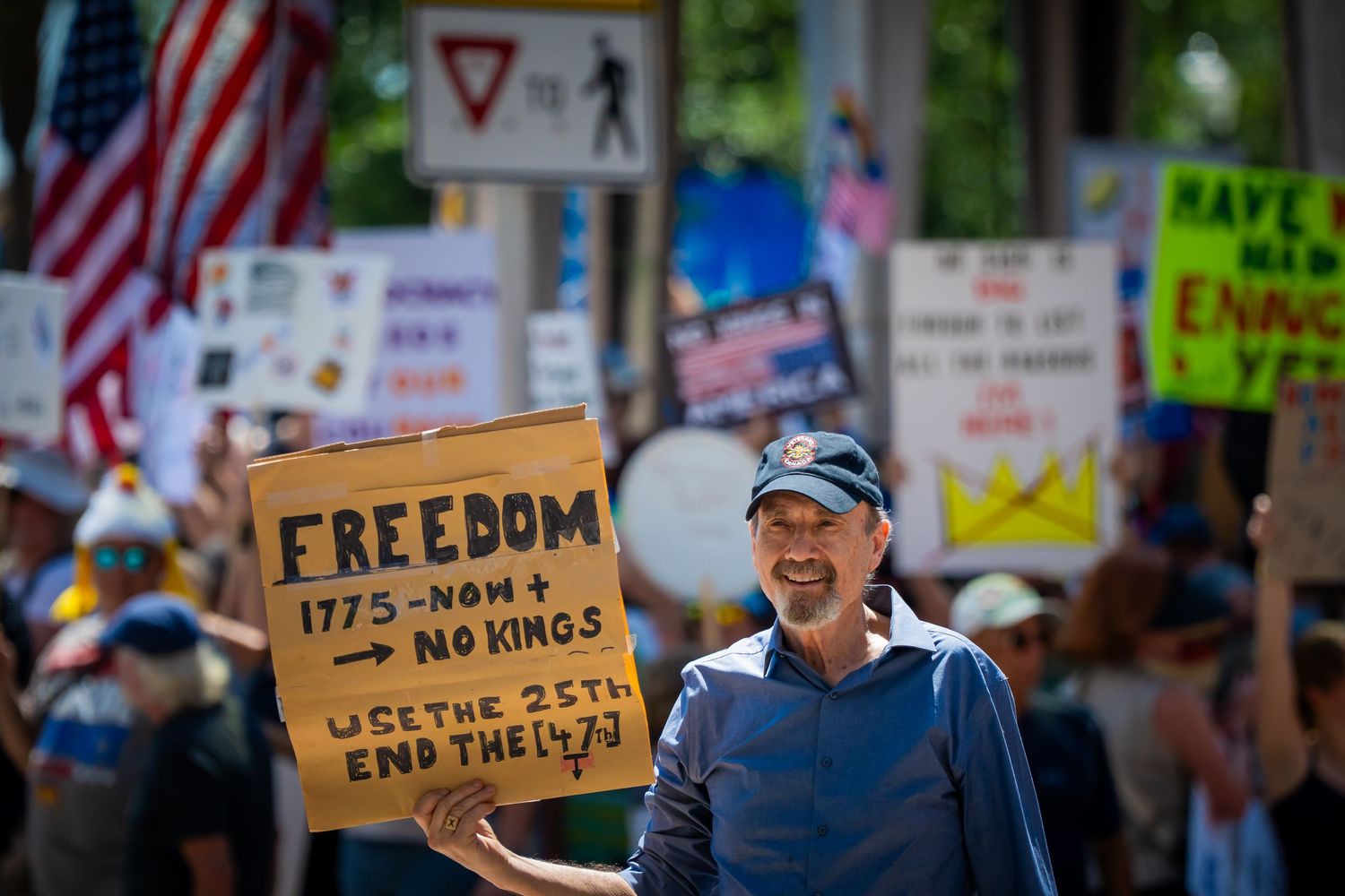 A protester holds a handmade cardboard sign about freedom at a rally with American flags and other demonstrators in background.