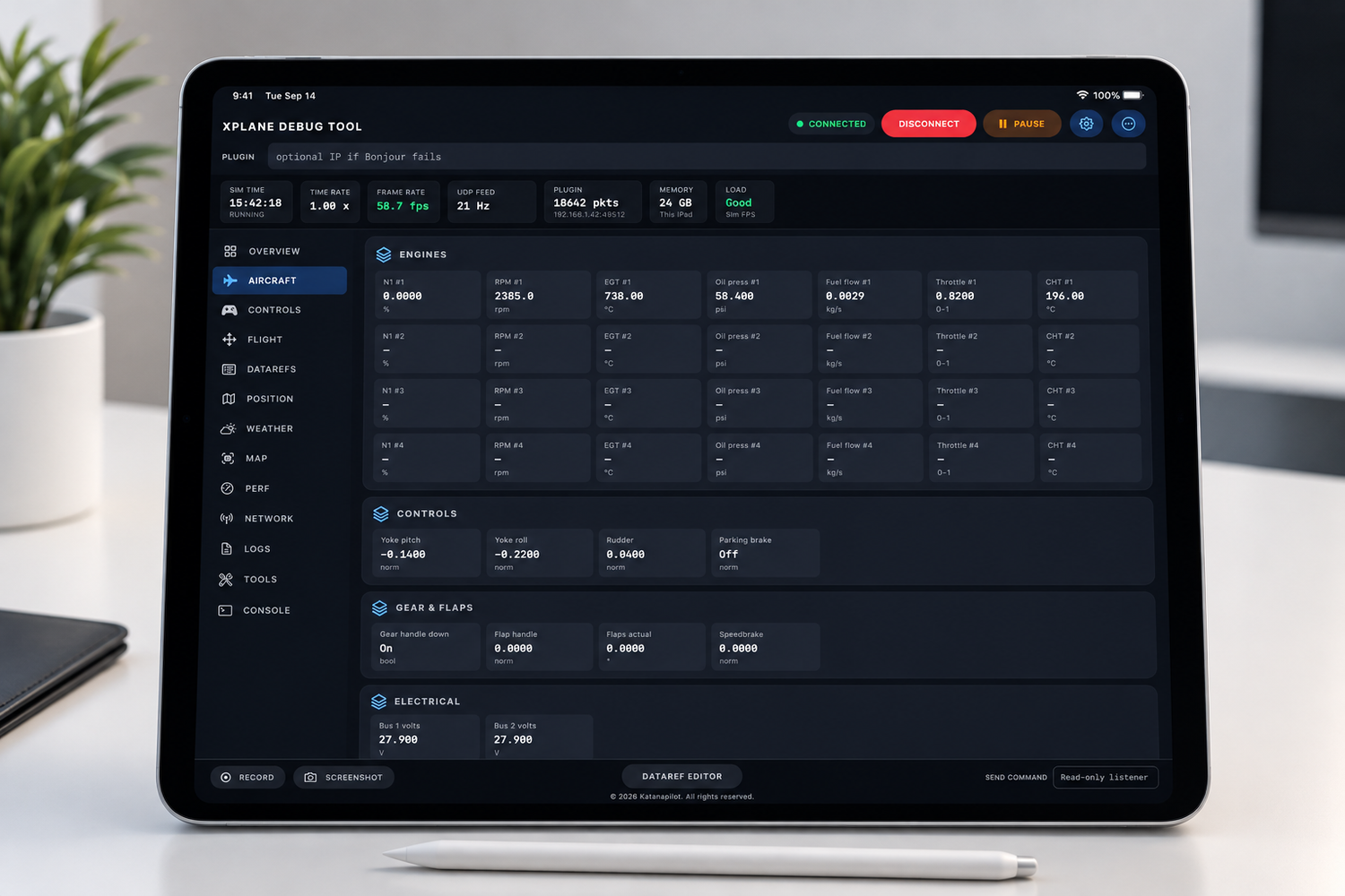 Dark-themed tablet displaying an airline search tool dashboard with flight data metrics and analytics interface.
