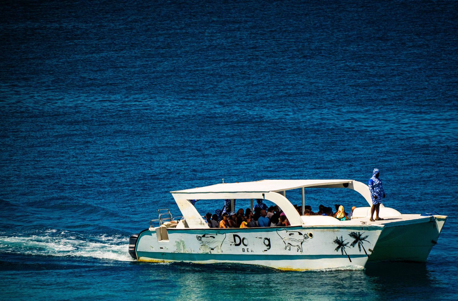 A tour boat named Dong cruises through blue tropical waters with passengers on board near a sunny coastline.
