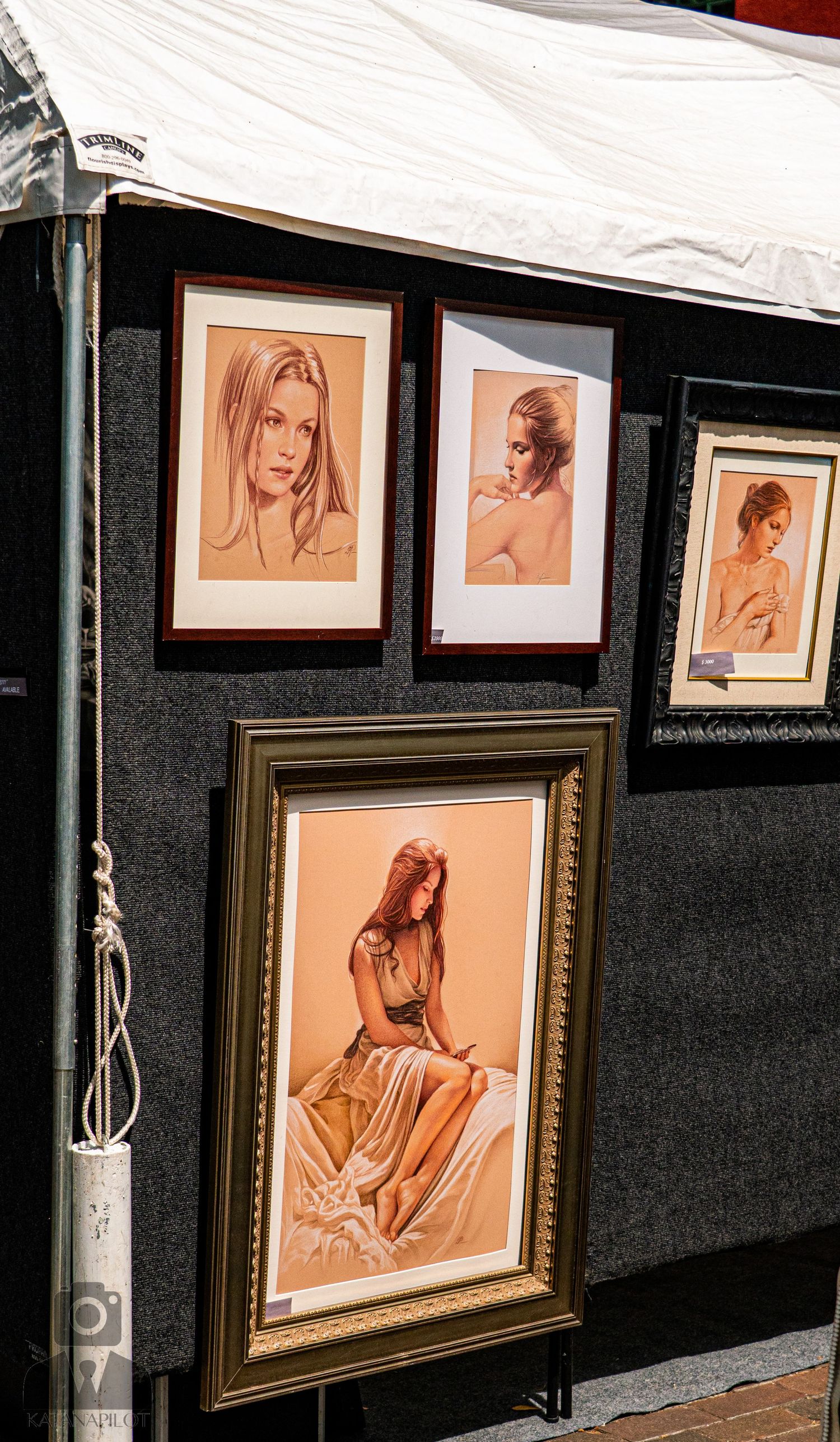 Art gallery wall displaying framed portrait drawings in sepia tones.