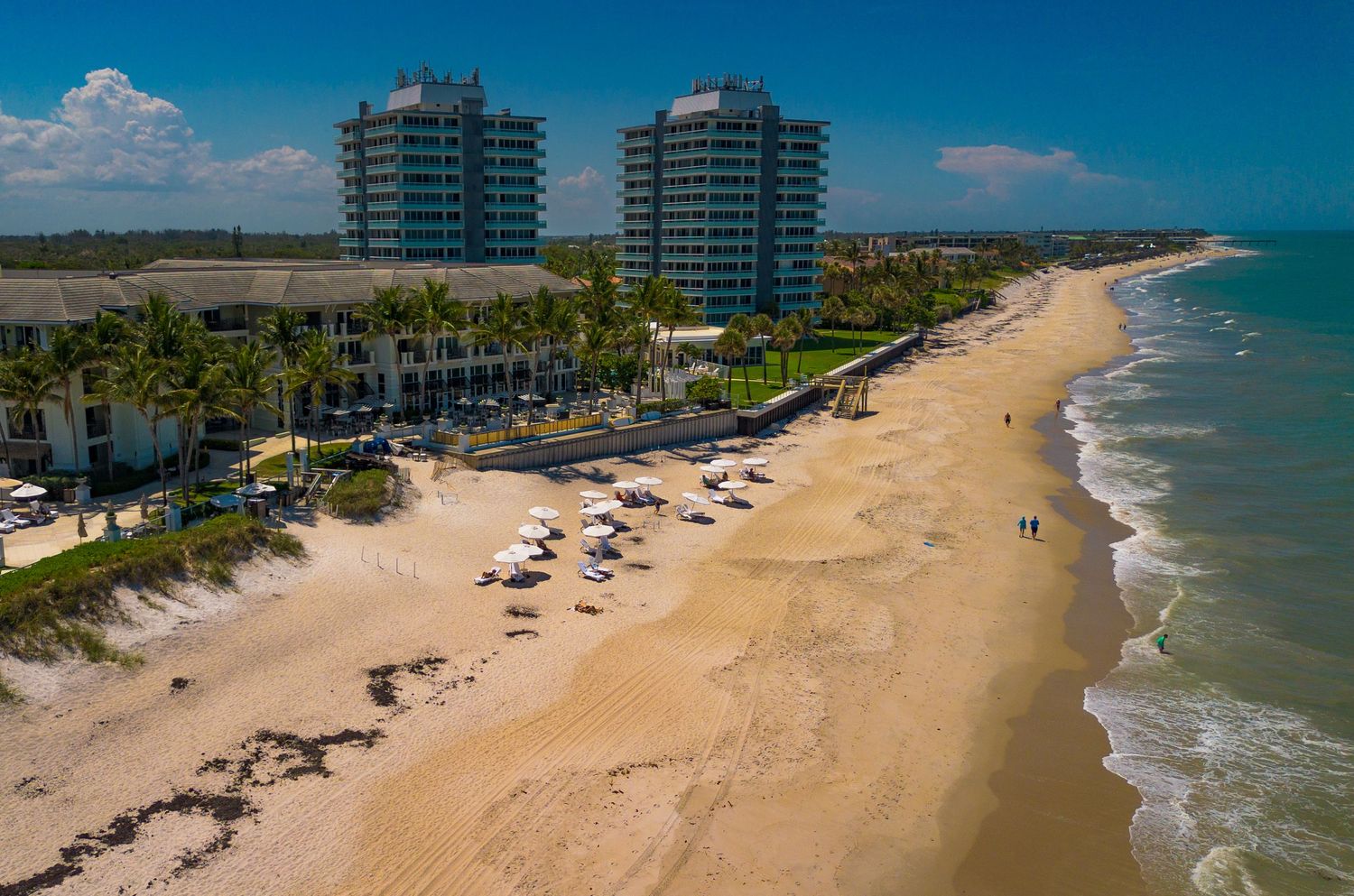 Two oceanfront towers with beach umbrellas dotting the sandy shoreline and palm trees.