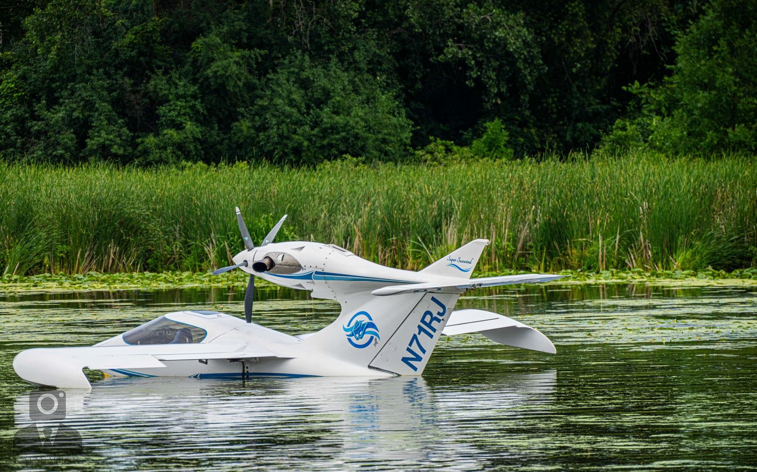 Small white seaplane floating on water near green marsh vegetation.