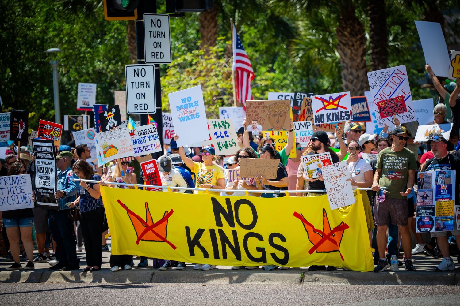 Crowd of demonstrators holding protest signs and a large yellow banner with 'NO KINGS' and origami crane symbols.