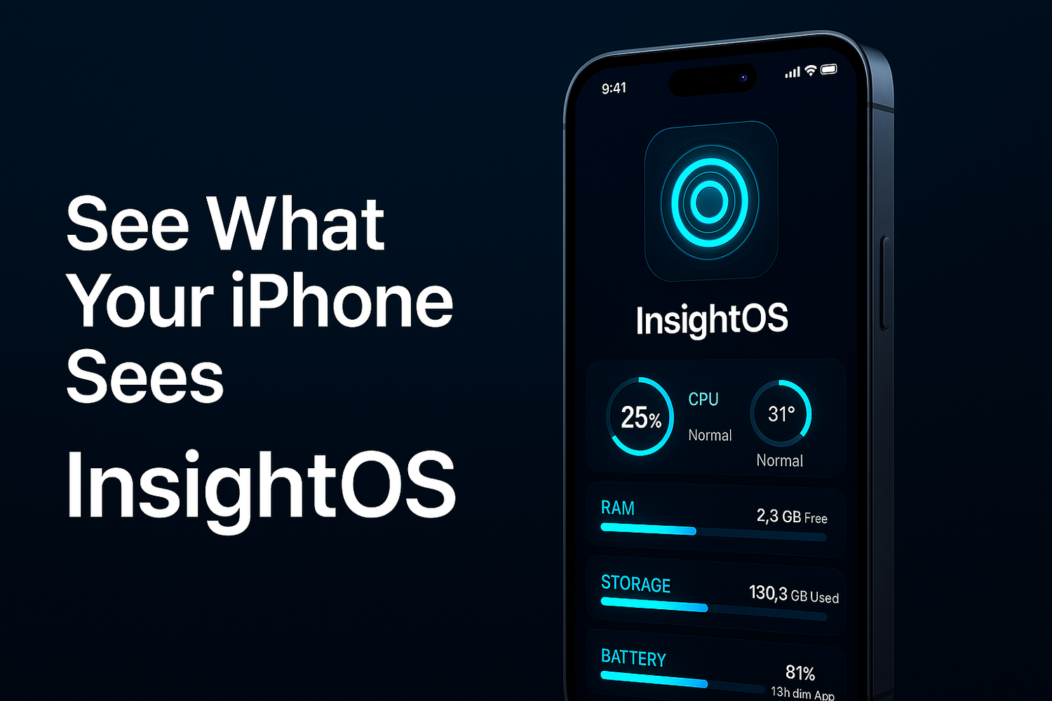 Dark interface mockup showing InsightOS app screens with blue glowing elements.