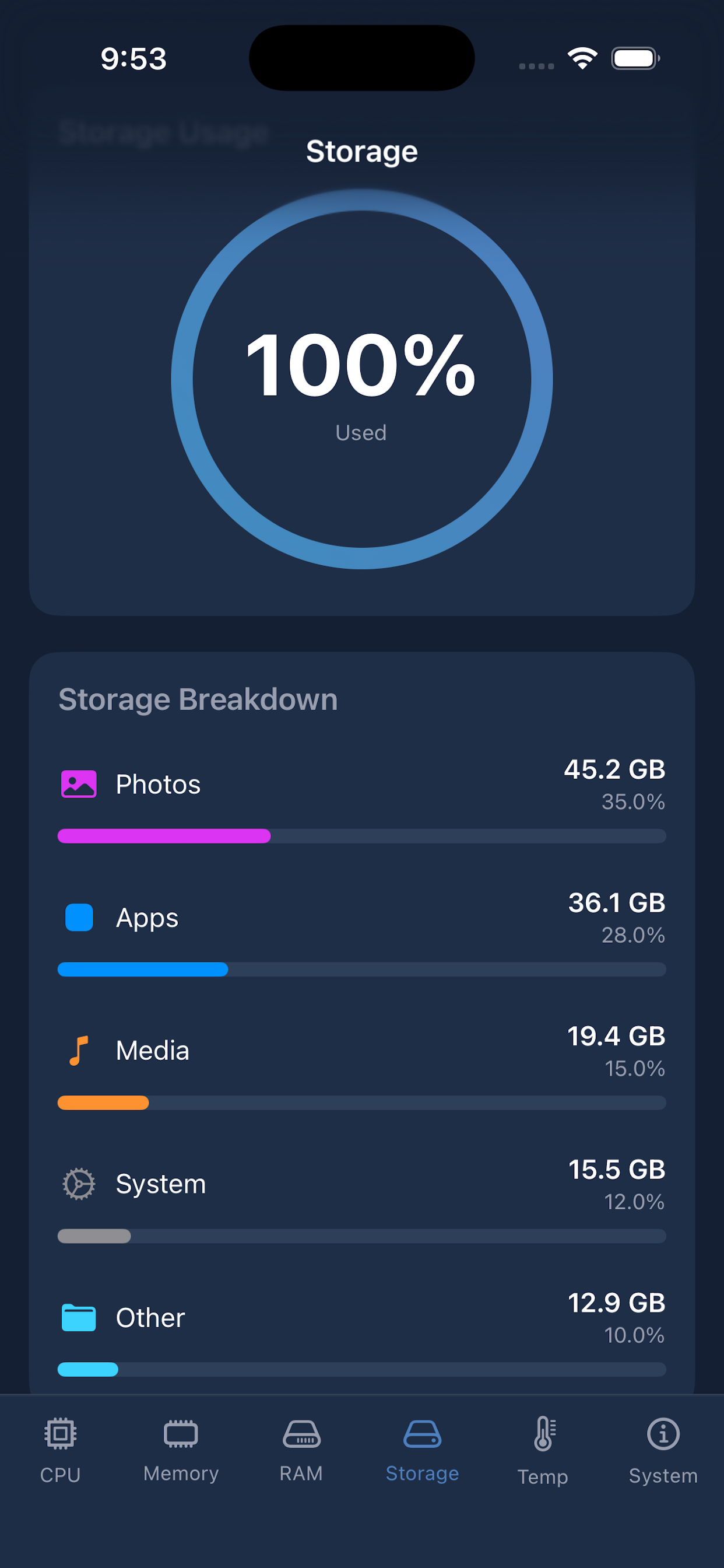 Storage breakdown interface showing 100% usage with colored bars for photos, apps, and media categories.