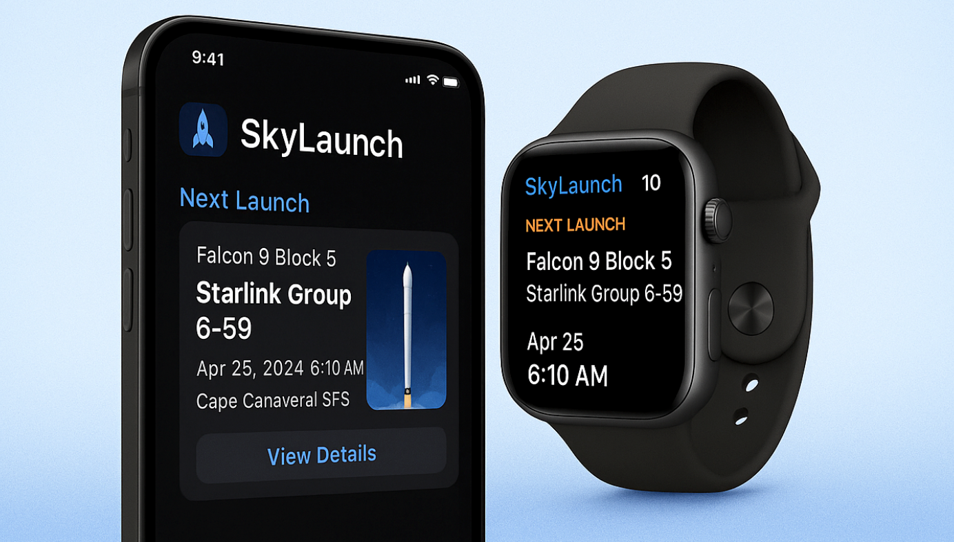 Multiple Apple Watch screens displaying the SkyLaunch app interface with dark mode enabled.