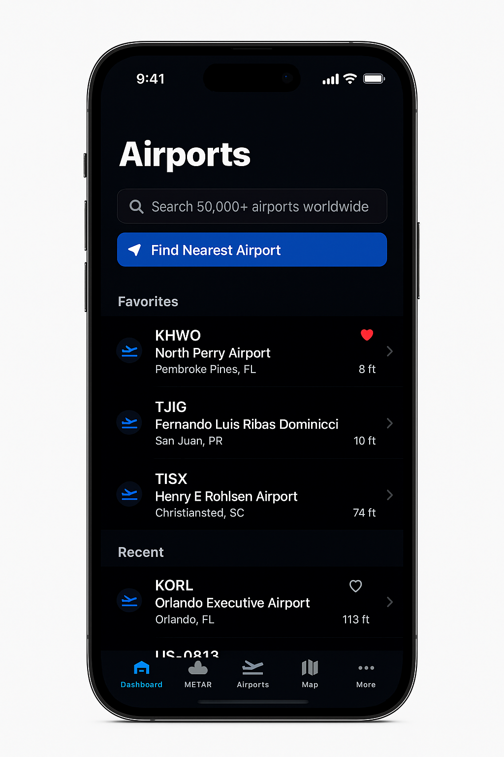 Airport finder app interface displaying nearby airports with distance information and favorites list.